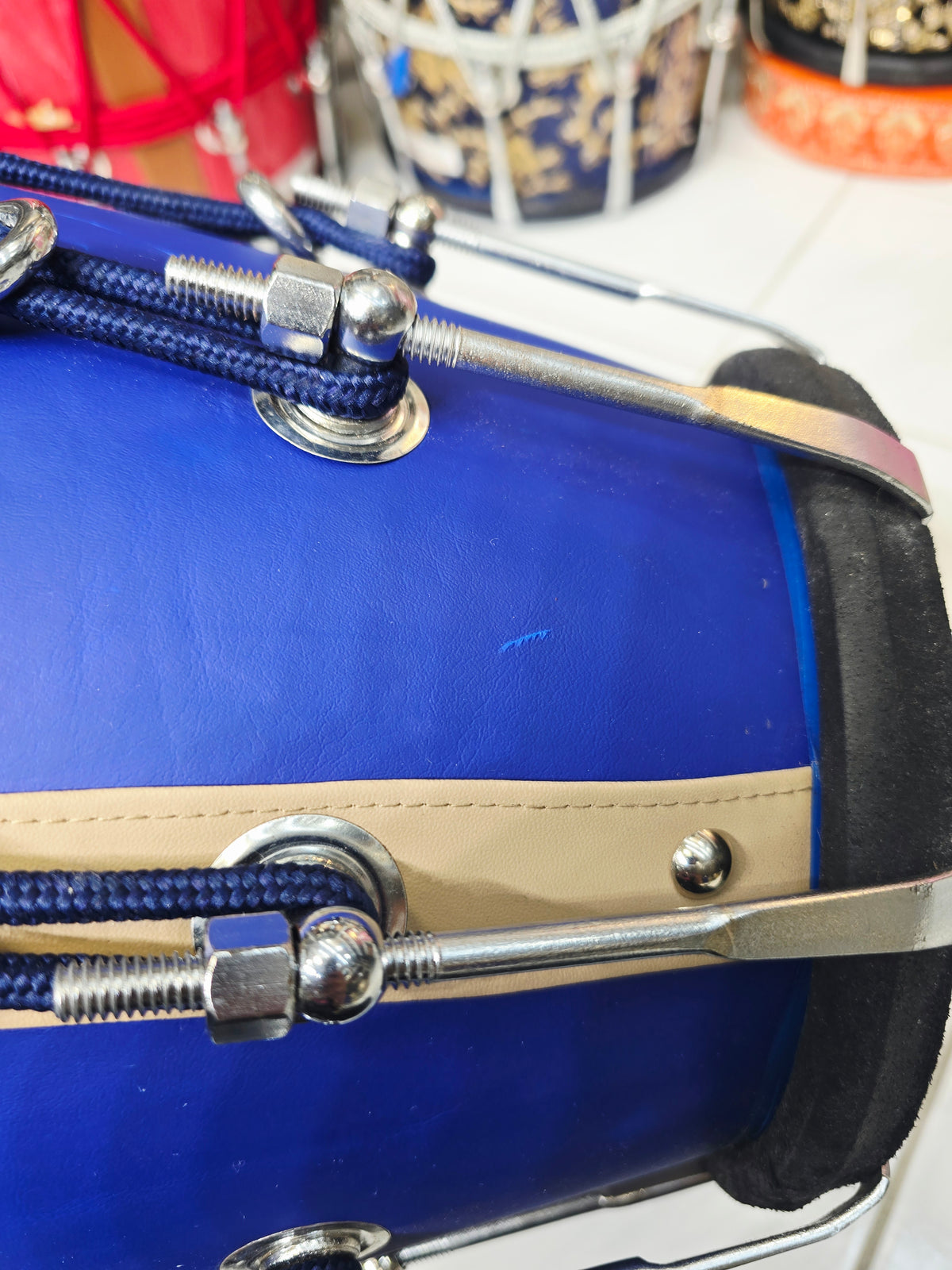 Royal Sapphire Blue Designer Leather-Wrapped Dholak with Champagne Gold Accents *Very Minor Cosmetic Blemishes *Exceptional Tone