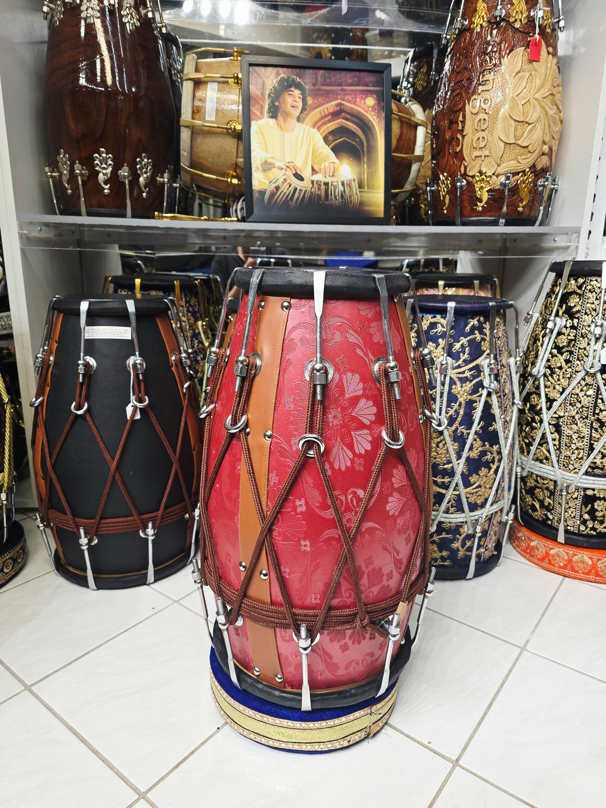 Royal Crimson Floral-Embossed Designer Leather-Wrapped Dholak with Tan Accents
