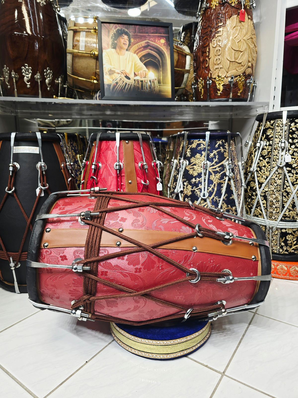 Royal Crimson Floral-Embossed Designer Leather-Wrapped Dholak with Tan Accents