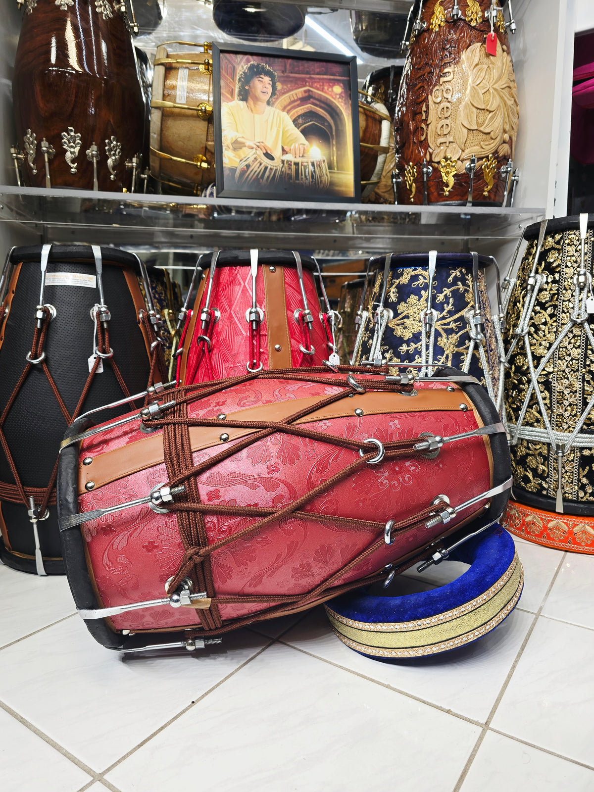 Royal Crimson Floral-Embossed Designer Leather-Wrapped Dholak with Tan Accents