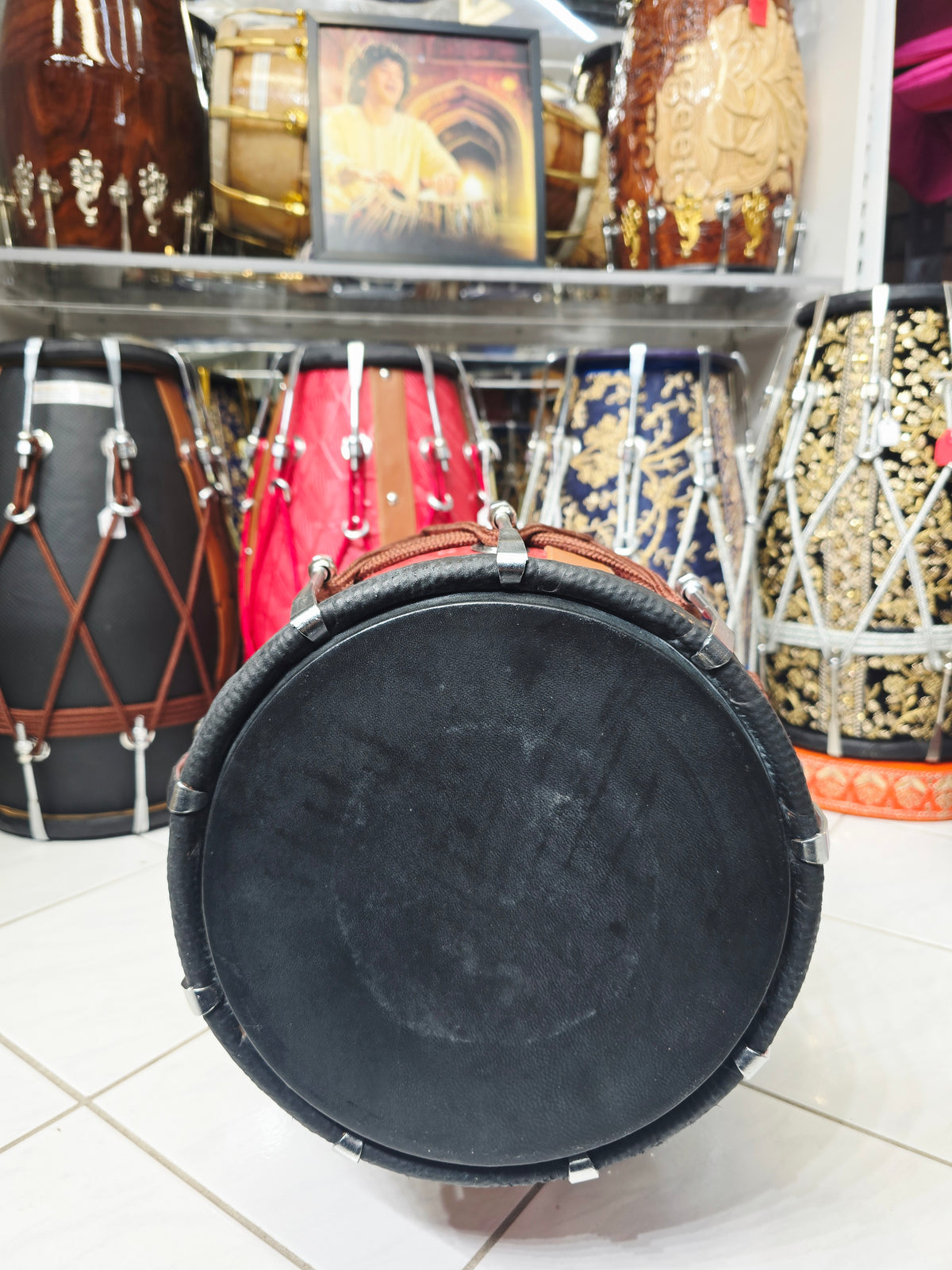 Royal Crimson Floral-Embossed Designer Leather-Wrapped Dholak with Tan Accents