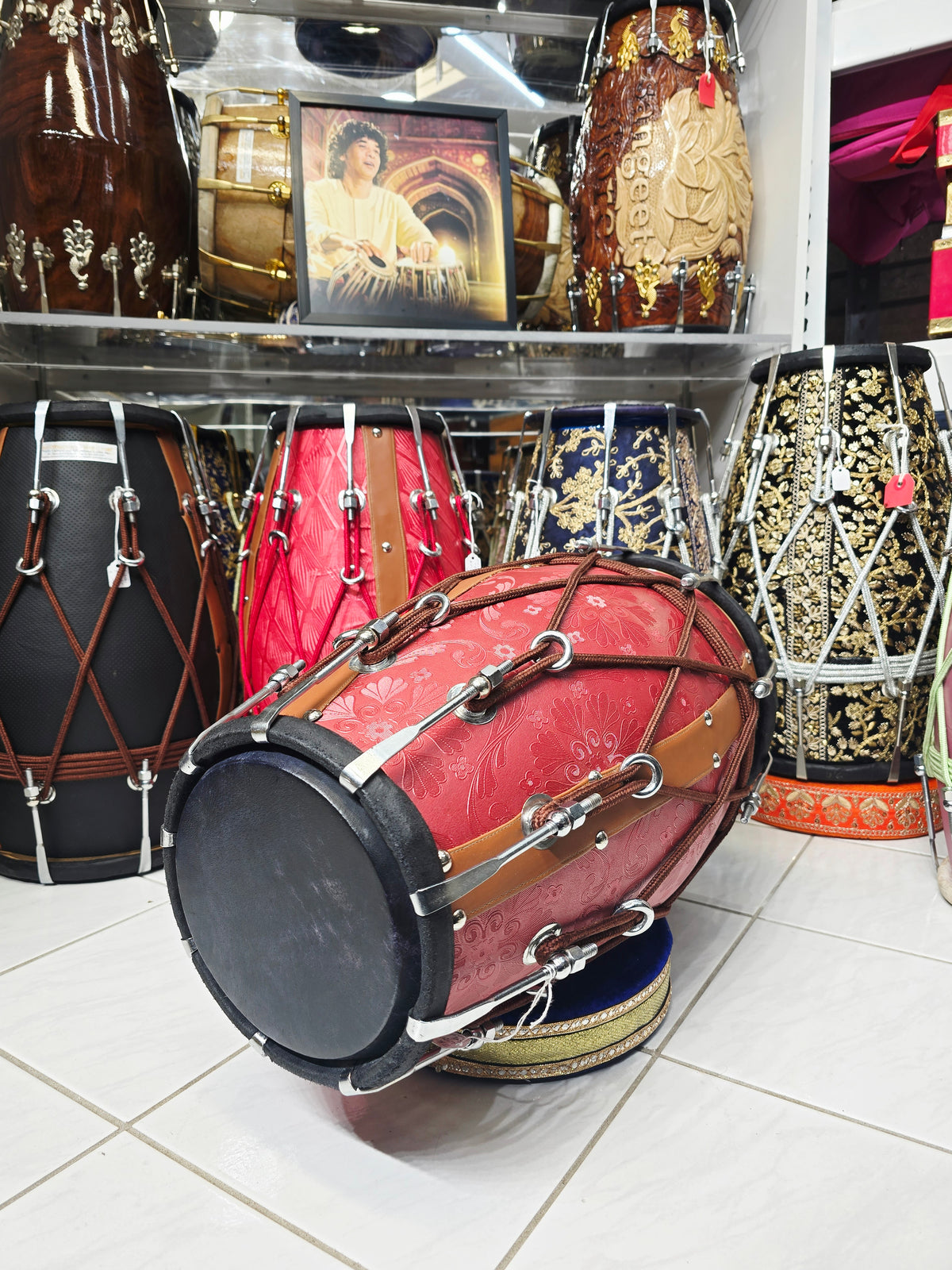 Royal Crimson Floral-Embossed Designer Leather-Wrapped Dholak with Tan Accents