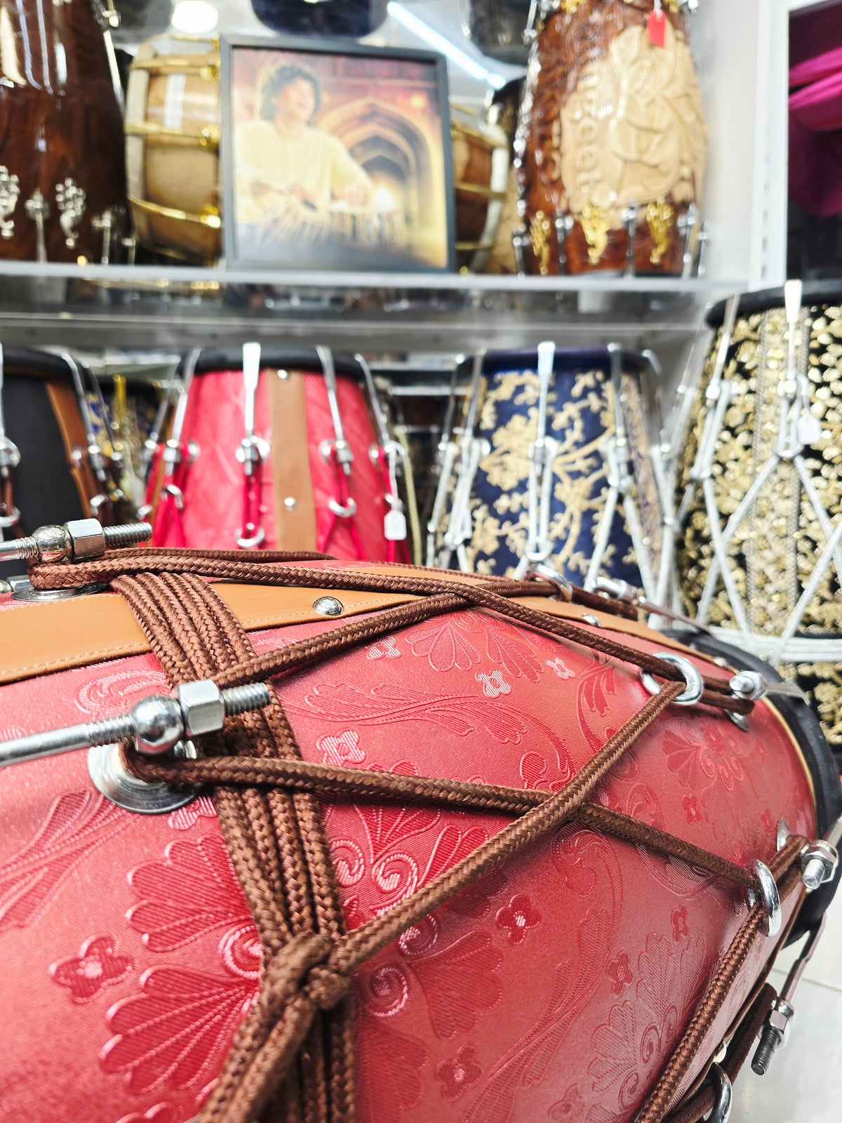 Royal Crimson Floral-Embossed Designer Leather-Wrapped Dholak with Tan Accents