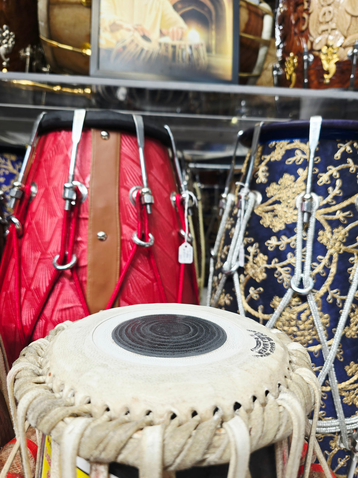 Tamra Raj – Mohd. Sharif Concert D/D# Tabla Set | 5.75" Red Sheesham Dayan + 9.25" Hand-Hammered Copper Bayan *Very Minor Cosmetic Blemishes