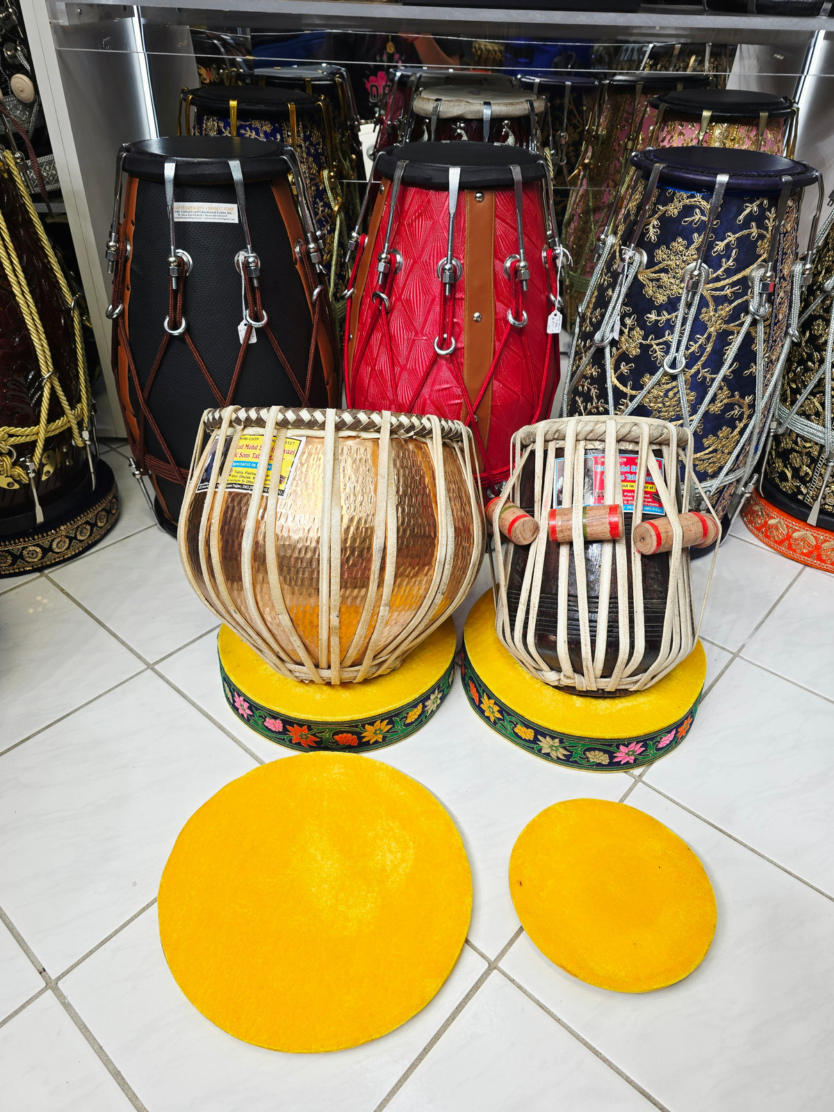 Pushpa Kiran – Mohd. Sharif Concert D Tabla Set | 5.75" Red Sheesham Dayan + 9.25" Hand-Hammered Copper Bayan *Very Minor Cosmestic Blemishes