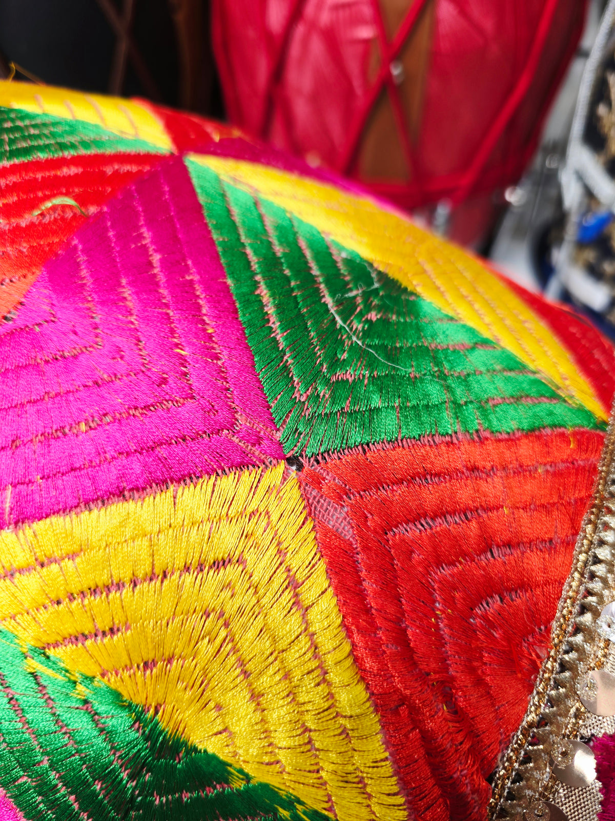 Rang Tarang – Vibrant Multicoloured Phulkari Sherwani-Wrapped Designer Mehendi Night Dholak with Decorative Golden Ornaments * Very Minor Cosmetic Blemishes
