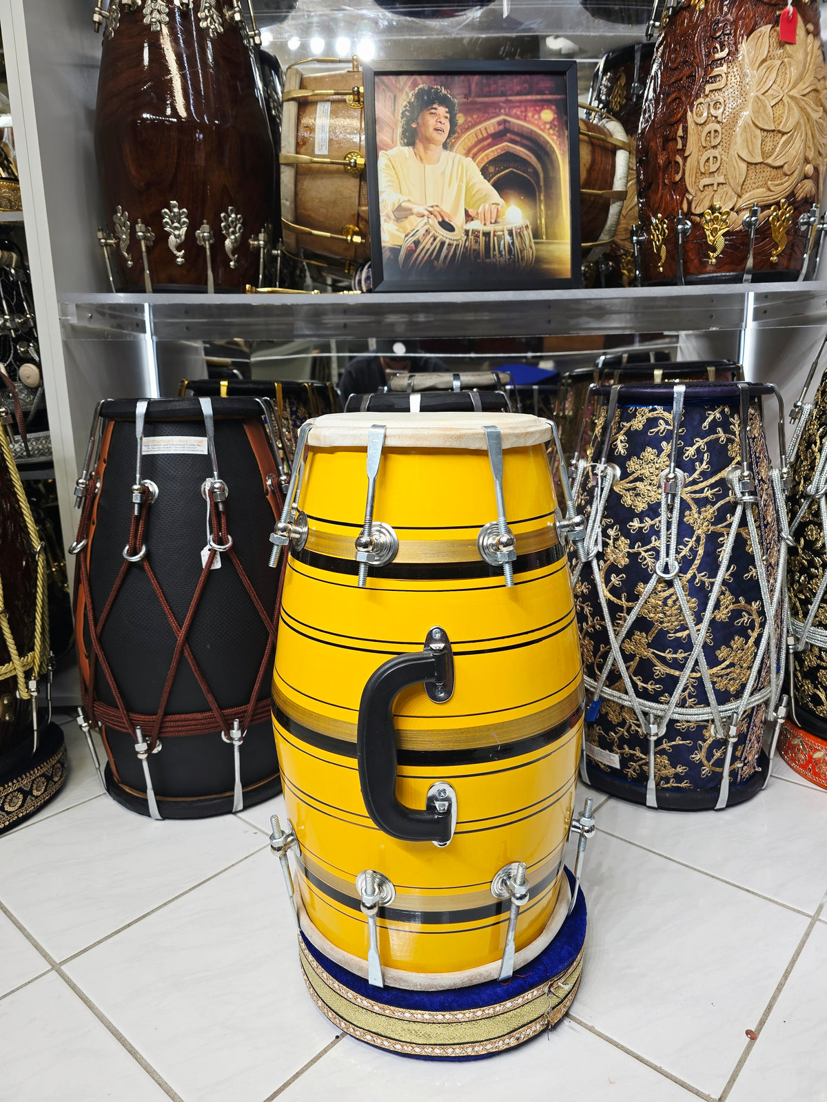 Surya Stripes – Vibrant Yellow & Black Striped Student Dholak with Gold Accents & Carrying Handle (YB1)