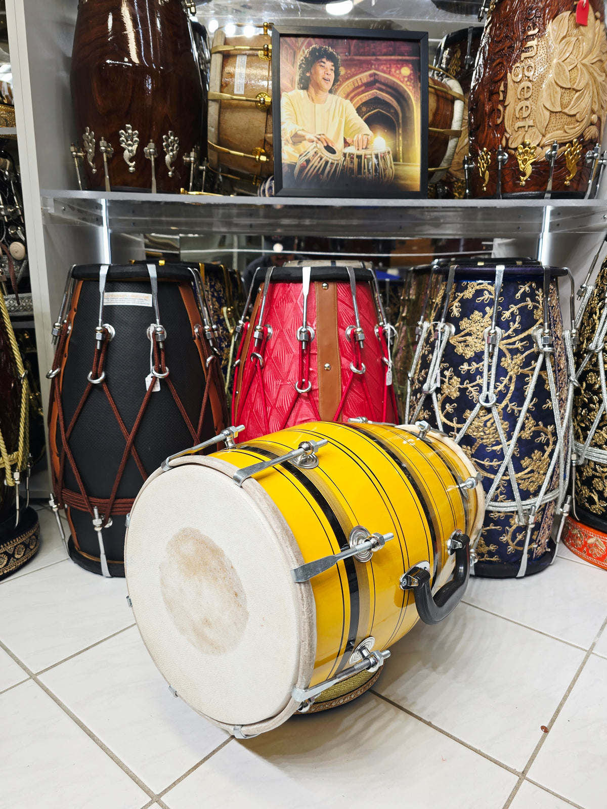 Surya Stripes – Vibrant Yellow & Black Striped Student Dholak with Gold Accents & Carrying Handle (YB1)