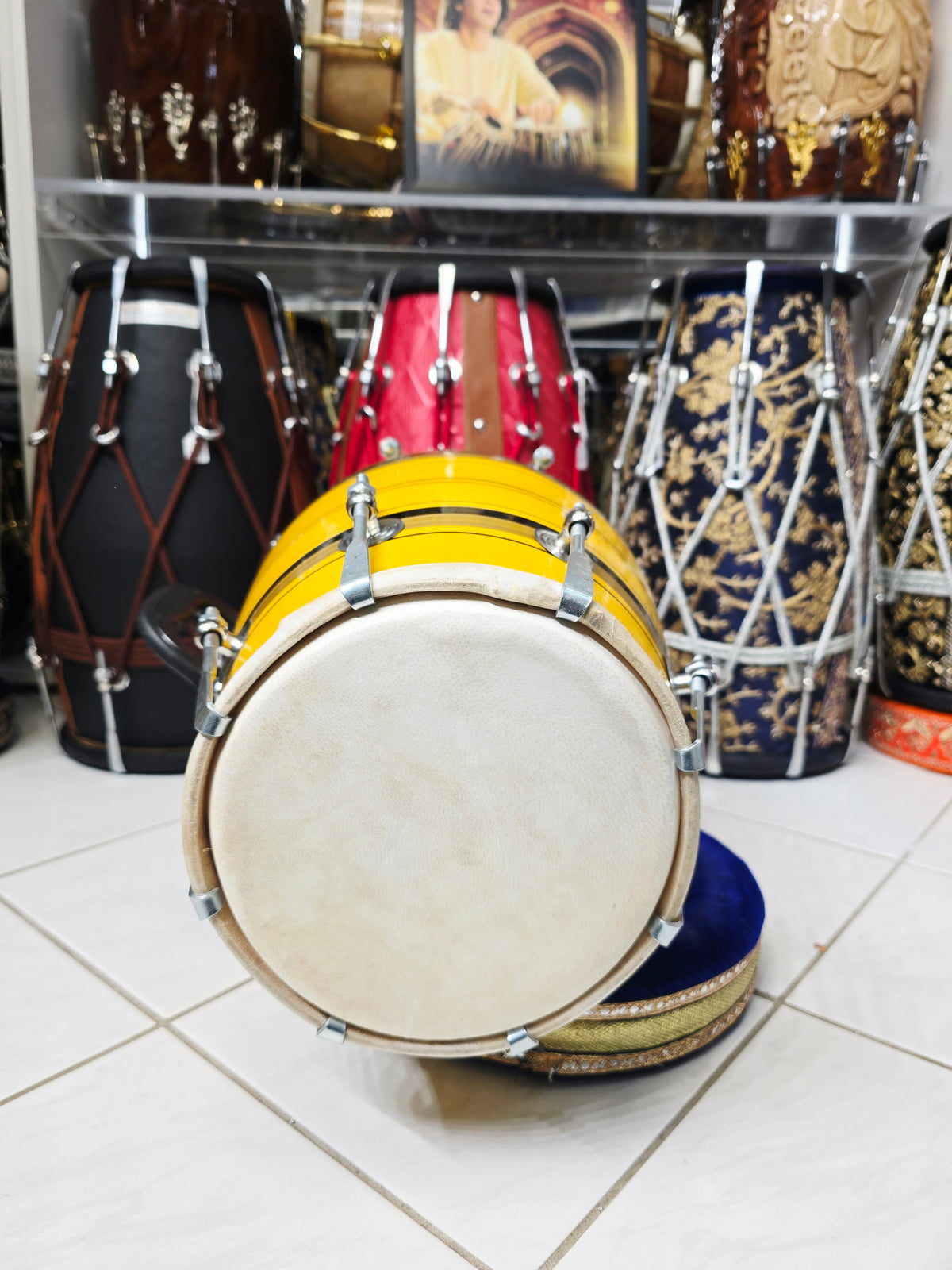 Surya Stripes – Vibrant Yellow & Black Striped Student Dholak with Gold Accents & Carrying Handle (YB1)