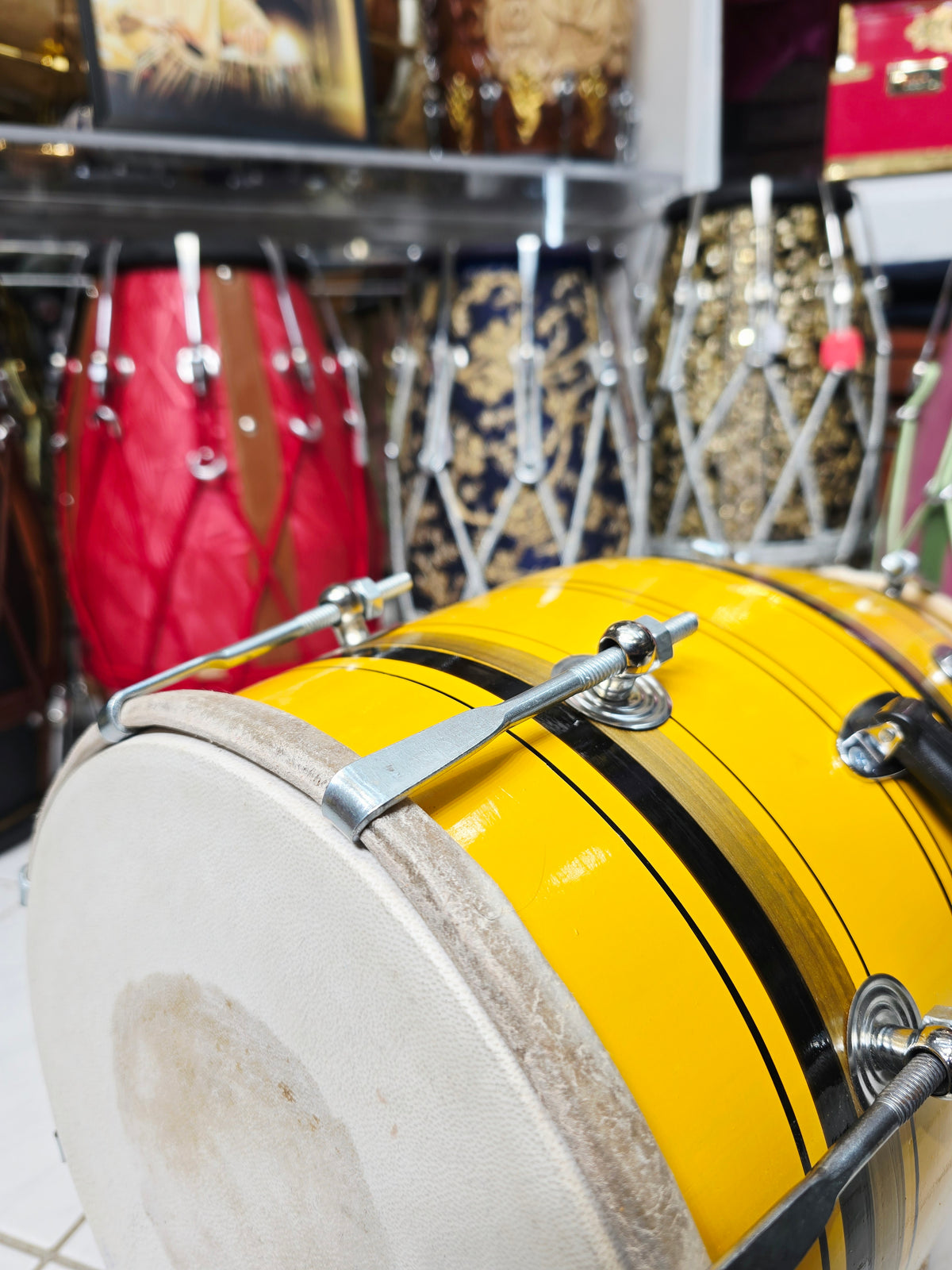 Surya Stripes – Vibrant Yellow & Black Striped Student Dholak with Gold Accents & Carrying Handle (YB1)