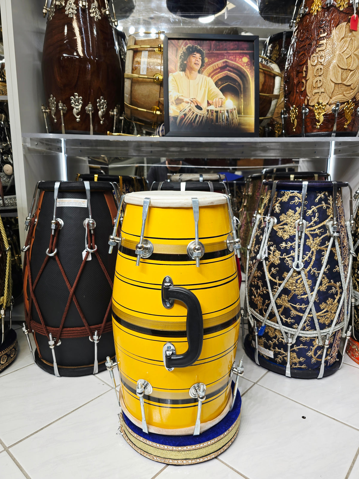 Surya Rekha – Sunshine Yellow & Metallic Gold Striped Student Dholak with Black Accents & Carrying Handle *Very Minor Cosmestic Blemishes (YB2)