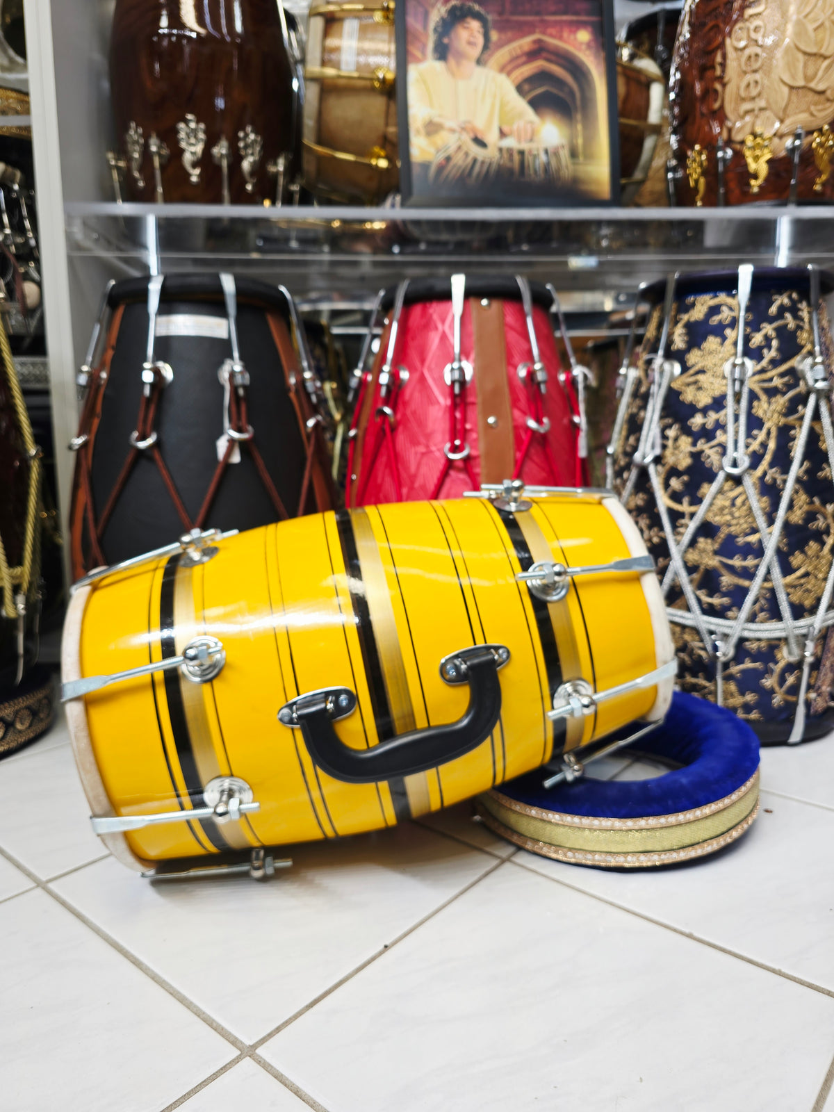 Surya Rekha – Sunshine Yellow & Metallic Gold Striped Student Dholak with Black Accents & Carrying Handle *Very Minor Cosmestic Blemishes (YB2)