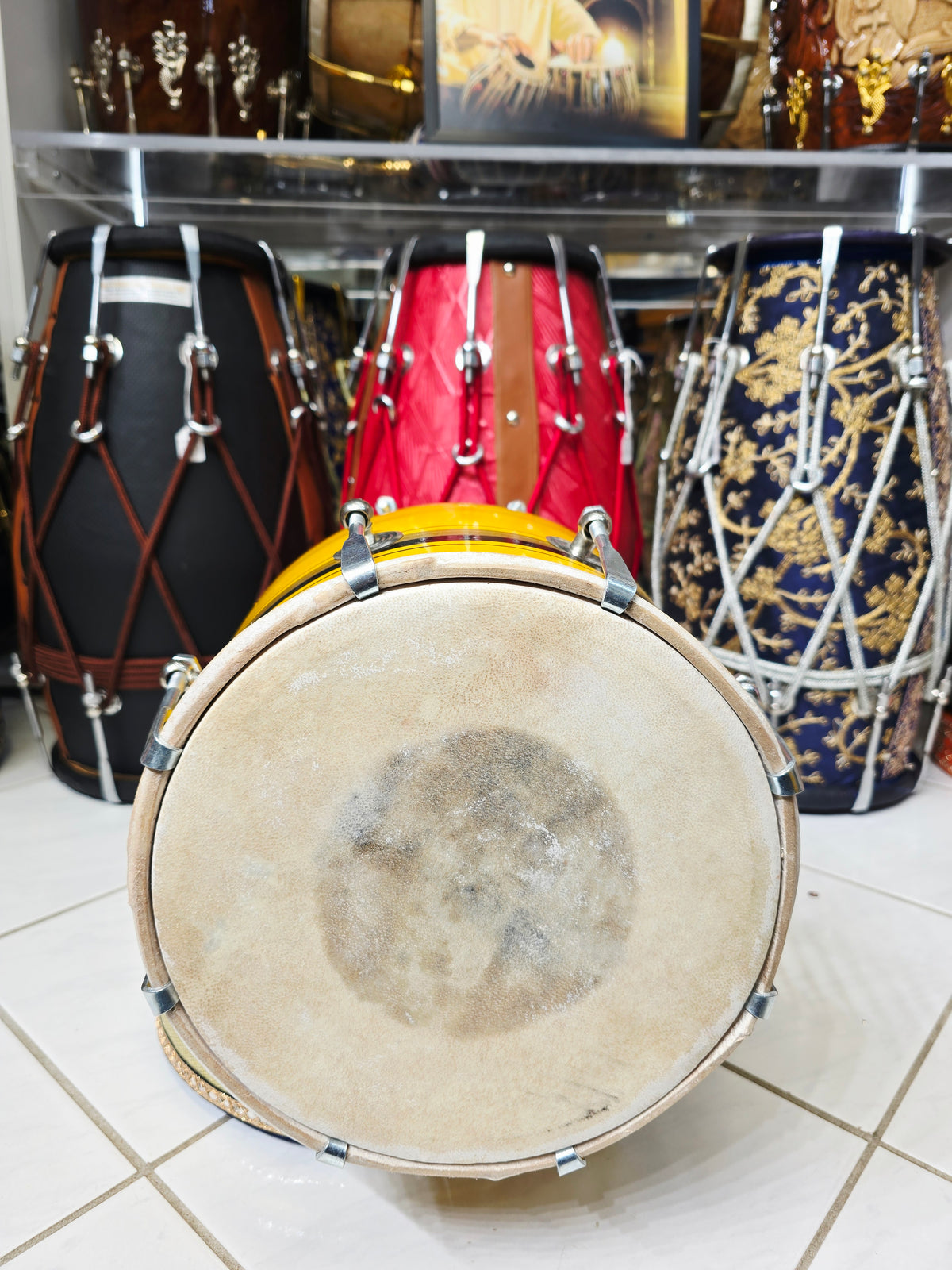 Surya Rekha – Sunshine Yellow & Metallic Gold Striped Student Dholak with Black Accents & Carrying Handle *Very Minor Cosmestic Blemishes (YB2)