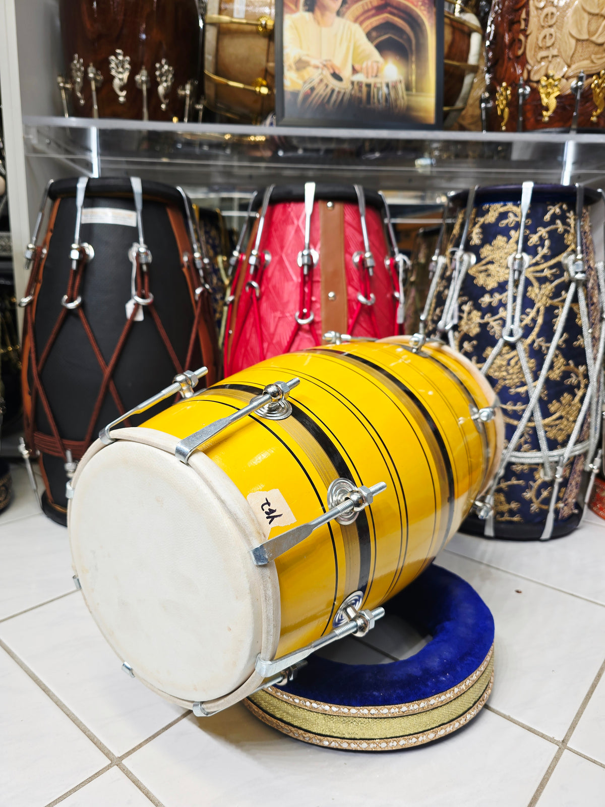 Surya Rekha – Sunshine Yellow & Metallic Gold Striped Student Dholak with Black Accents & Carrying Handle *Very Minor Cosmestic Blemishes (YB2)