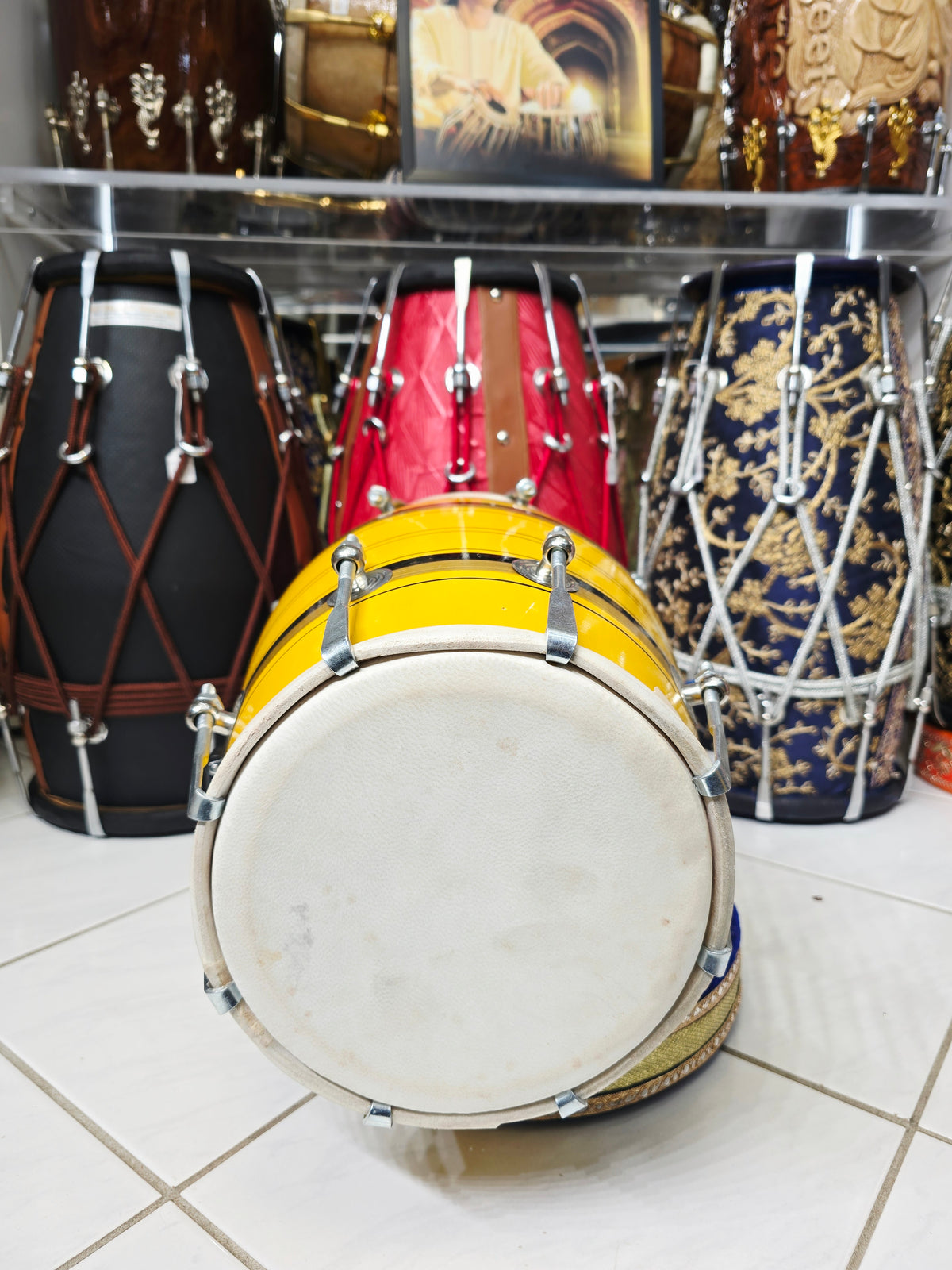 Surya Rekha – Sunshine Yellow & Metallic Gold Striped Student Dholak with Black Accents & Carrying Handle *Very Minor Cosmestic Blemishes (YB2)