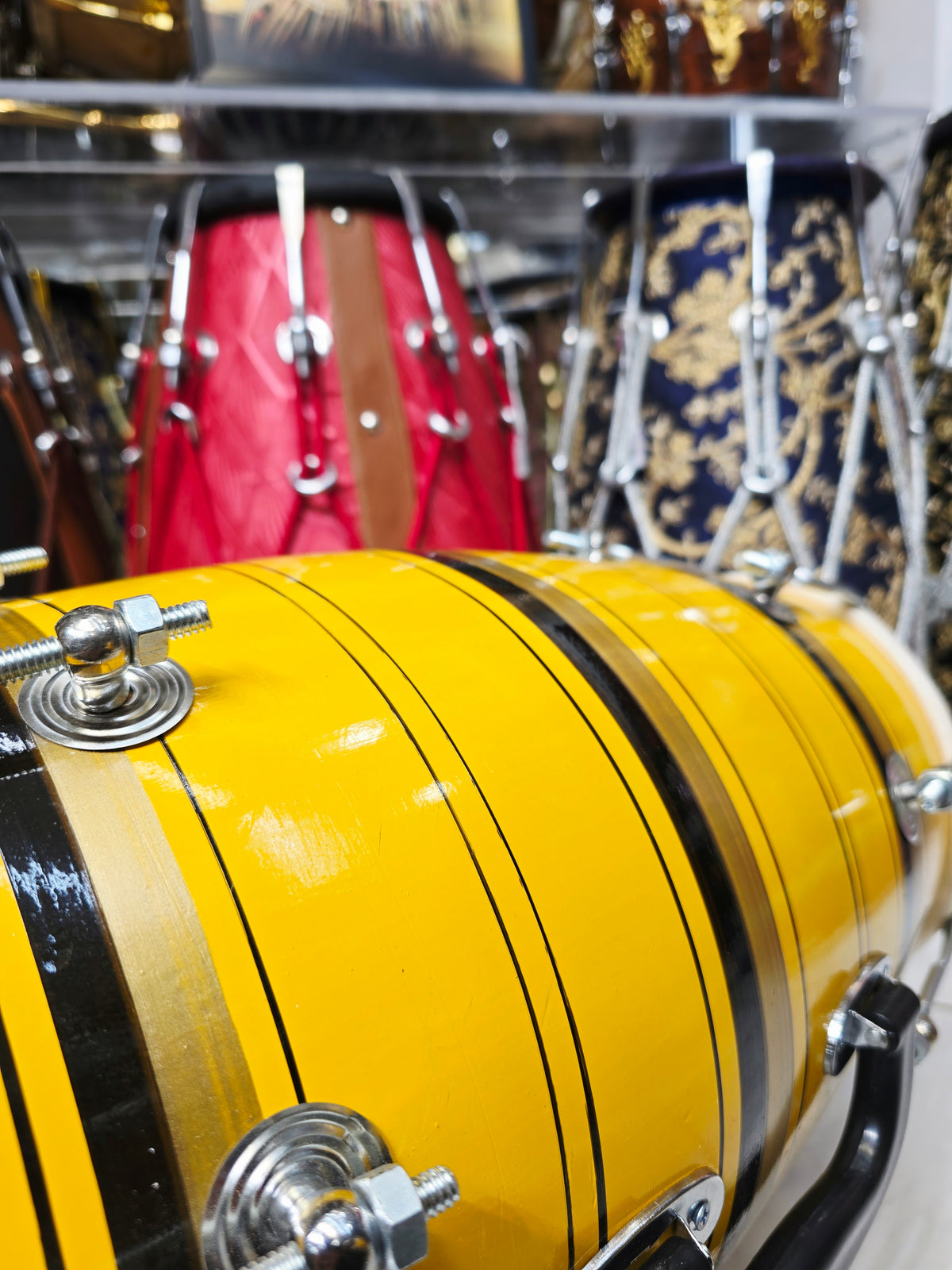 Surya Rekha – Sunshine Yellow & Metallic Gold Striped Student Dholak with Black Accents & Carrying Handle *Very Minor Cosmestic Blemishes (YB2)