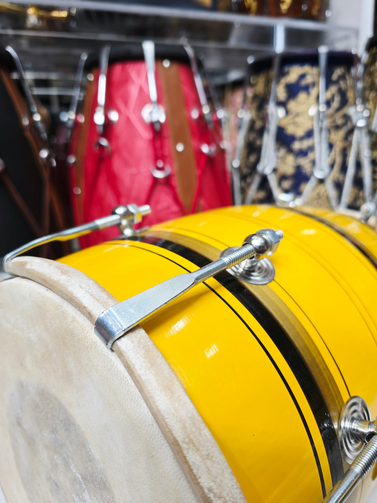 Surya Rekha – Sunshine Yellow & Metallic Gold Striped Student Dholak with Black Accents & Carrying Handle *Very Minor Cosmestic Blemishes (YB2)