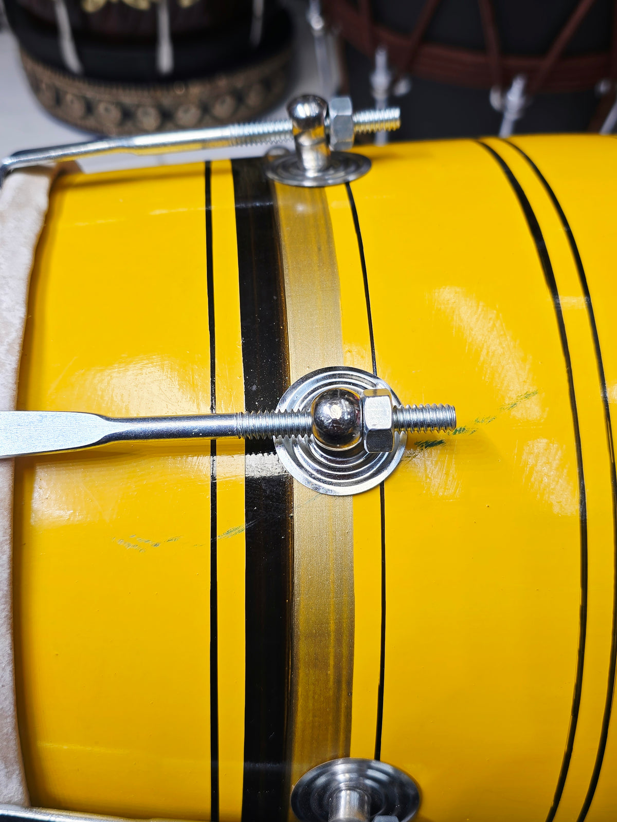 Surya Rekha – Sunshine Yellow & Metallic Gold Striped Student Dholak with Black Accents & Carrying Handle *Very Minor Cosmestic Blemishes (YB2)