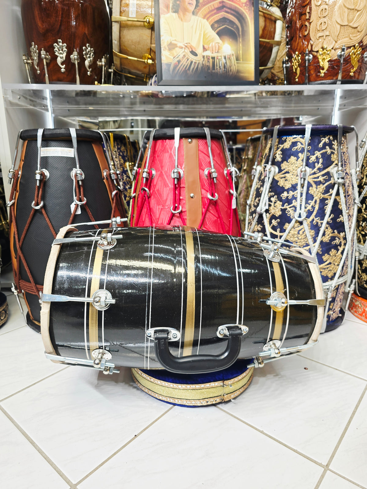 Kala Sona – Midnight Black & Metallic Gold Striped Student Dholak with Silver Pinstripes & Carrying Handle * Minor Cosmetic Blemishes