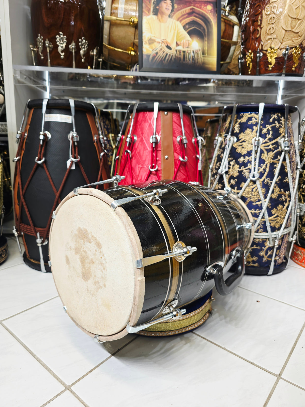 Kala Sona – Midnight Black & Metallic Gold Striped Student Dholak with Silver Pinstripes & Carrying Handle * Minor Cosmetic Blemishes