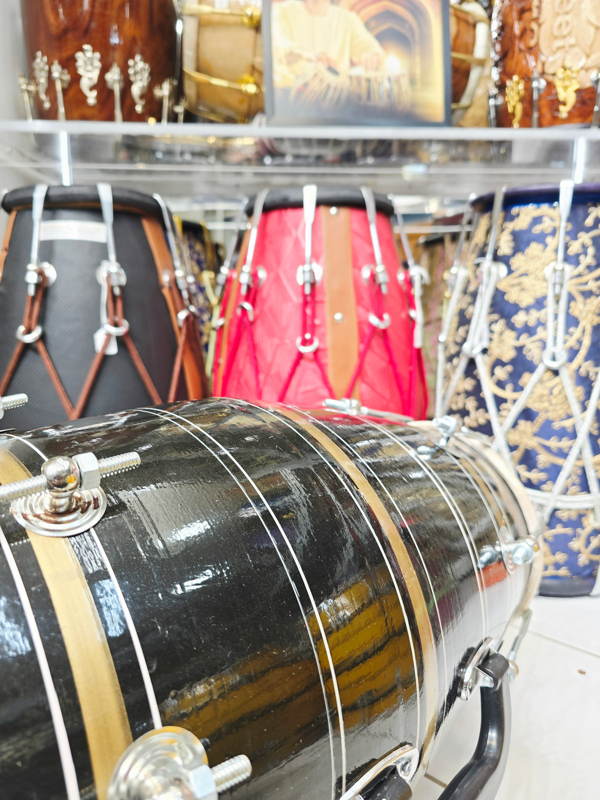 Kala Sona – Midnight Black & Metallic Gold Striped Student Dholak with Silver Pinstripes & Carrying Handle * Minor Cosmetic Blemishes