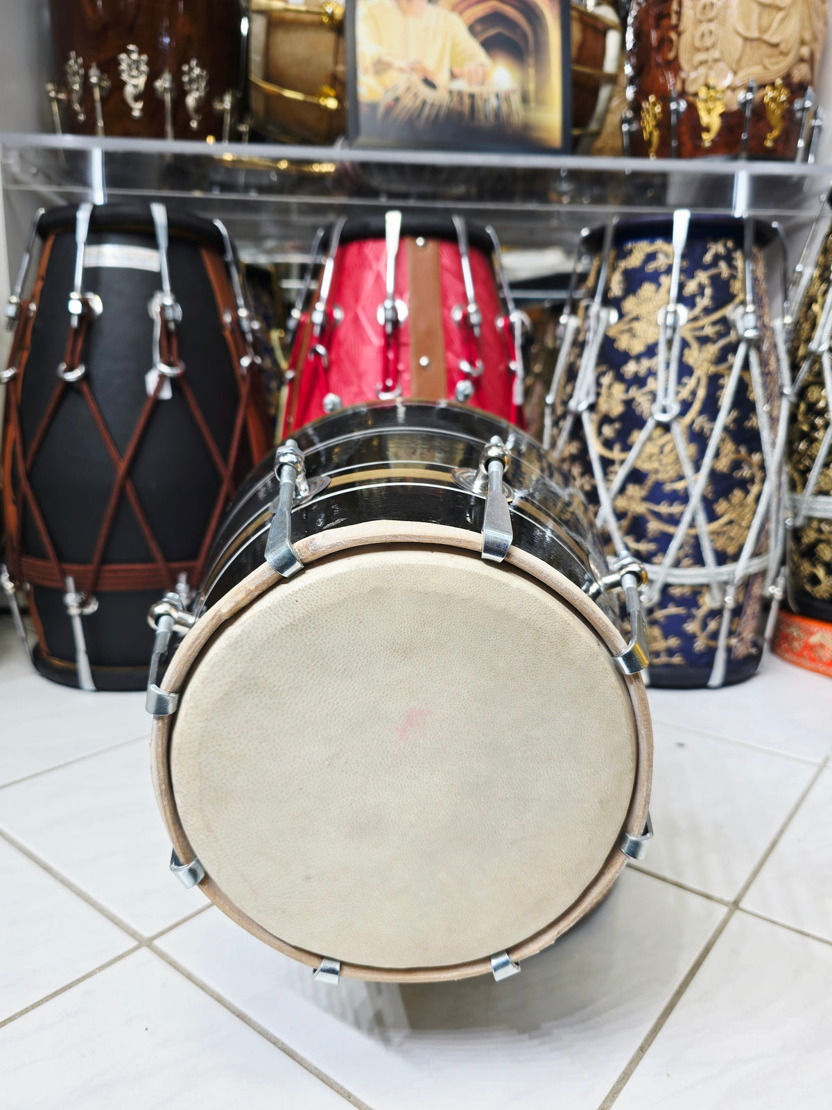 Kala Sona – Midnight Black & Metallic Gold Striped Student Dholak with Silver Pinstripes & Carrying Handle * Minor Cosmetic Blemishes