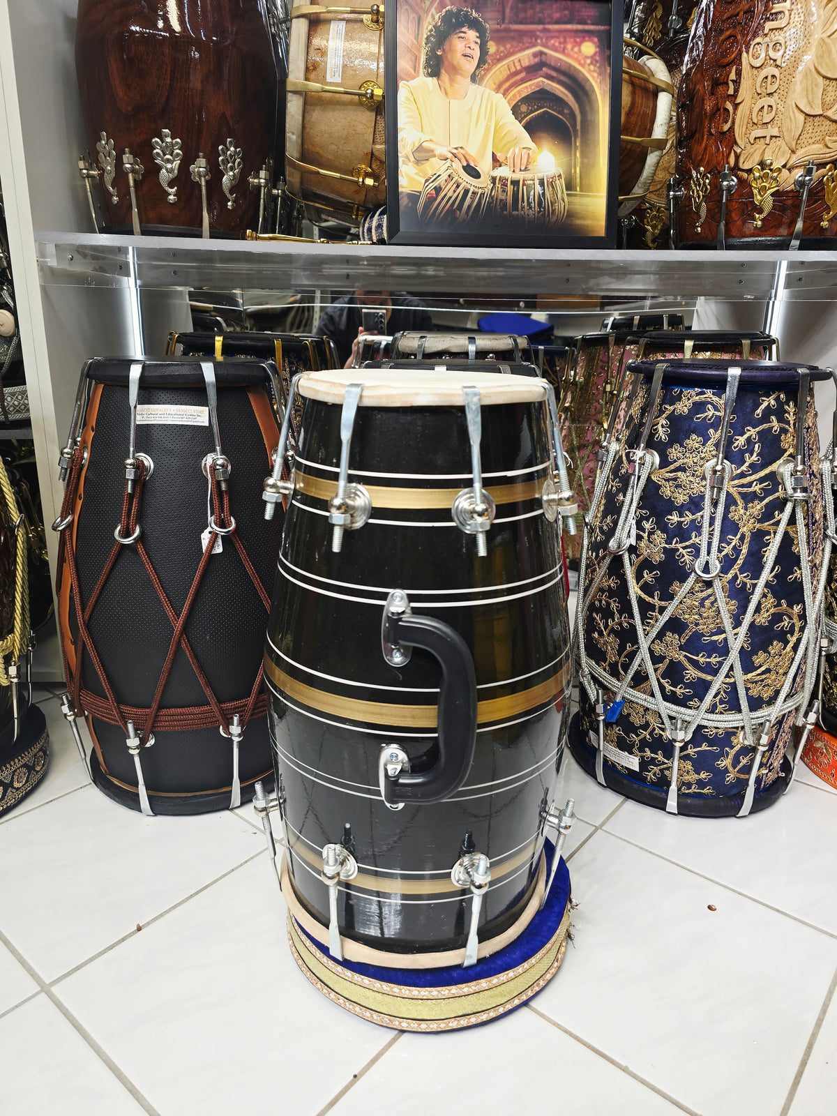 Kaal Rekha – Glossy Midnight Black & Antique Gold Striped Student Dholak with Silver Pinstripes & Carrying Handle *Minor Cosmetic Blemishes (B2)
