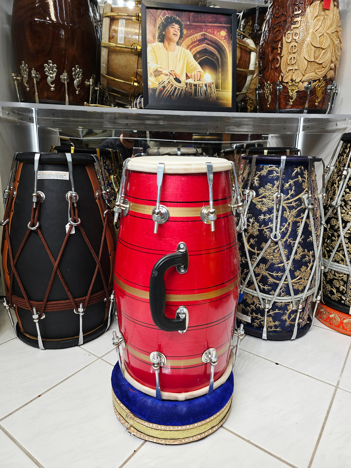 Lal Shakti – Metallic Crimson Red & Champagne Gold Striped Student Dholak with Black Pinstripes & Carrying Handle *Minor Cosmetic External Crack & Blemishes (R2)