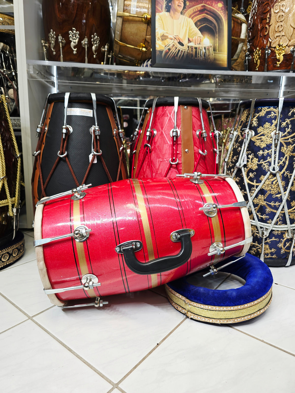 Lal Shakti – Metallic Crimson Red & Champagne Gold Striped Student Dholak with Black Pinstripes & Carrying Handle *Minor Cosmetic External Crack & Blemishes (R2)