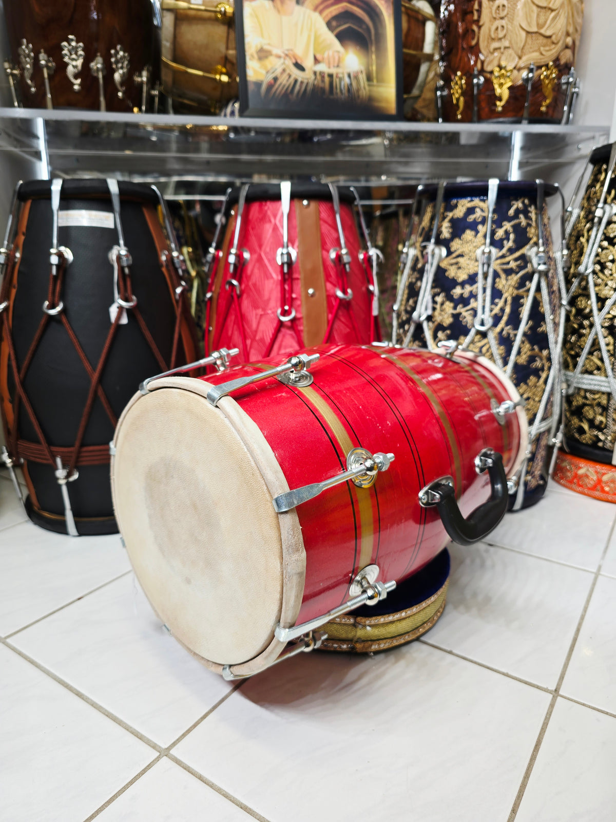 Lal Shakti – Metallic Crimson Red & Champagne Gold Striped Student Dholak with Black Pinstripes & Carrying Handle *Minor Cosmetic External Crack & Blemishes (R2)