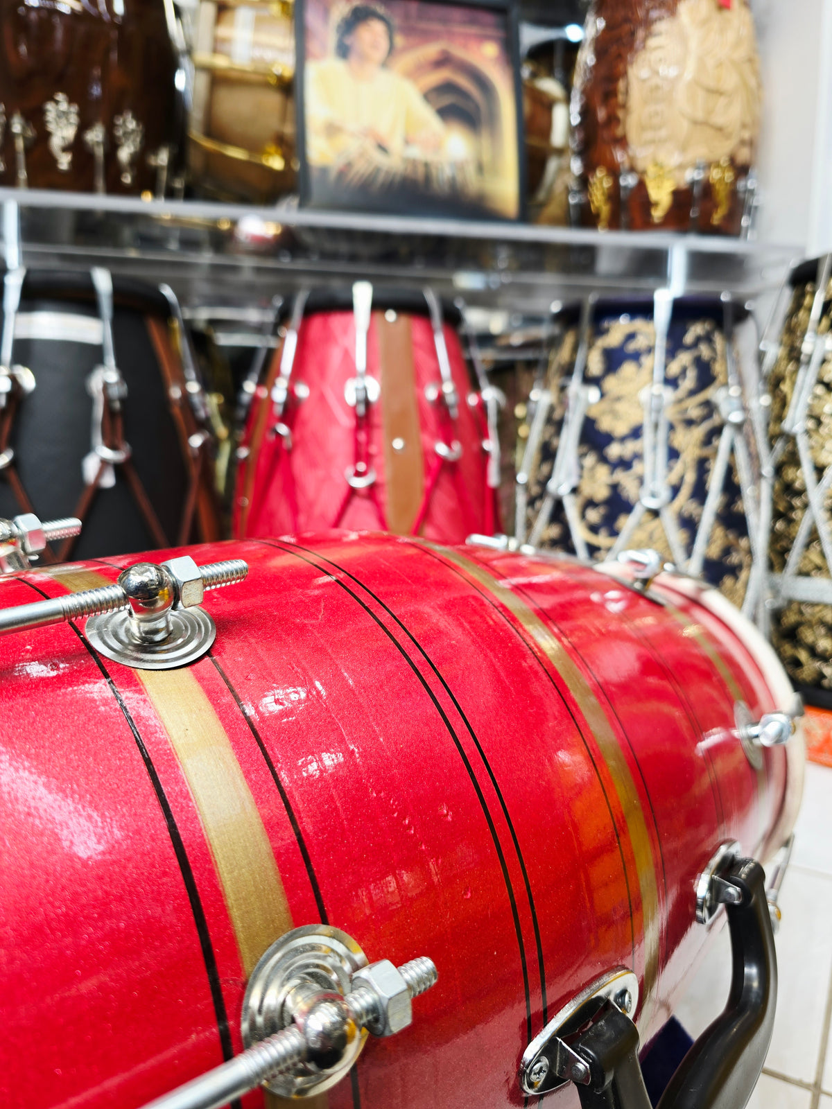 Lal Shakti – Metallic Crimson Red & Champagne Gold Striped Student Dholak with Black Pinstripes & Carrying Handle *Minor Cosmetic External Crack & Blemishes (R2)