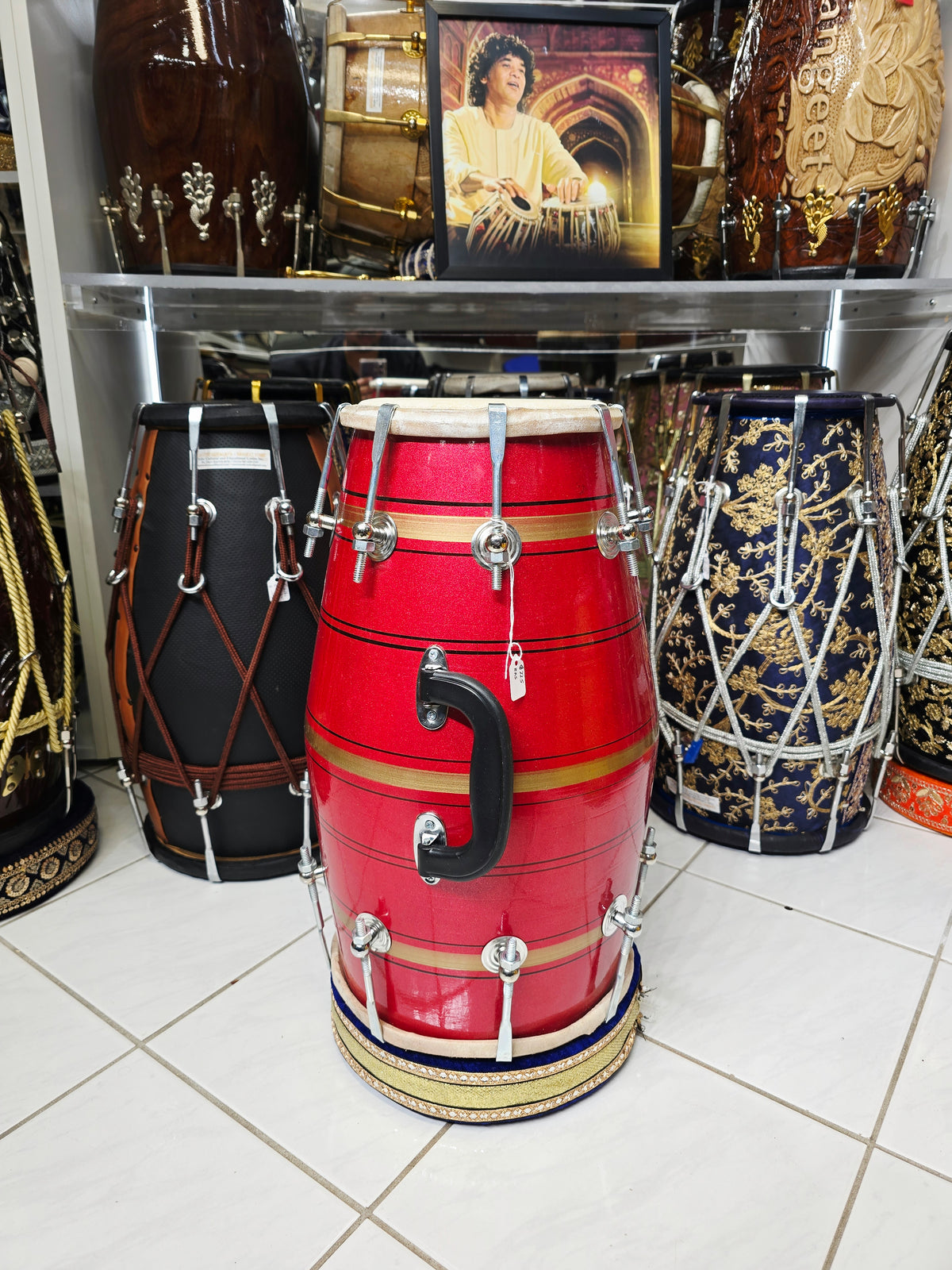 Agni Rekha – Metallic Ruby Red & Champagne Gold Striped Student Dholak with Black Pinstripes & Carrying Handle *Very Minor Cosmetic Blemishes (R3)
