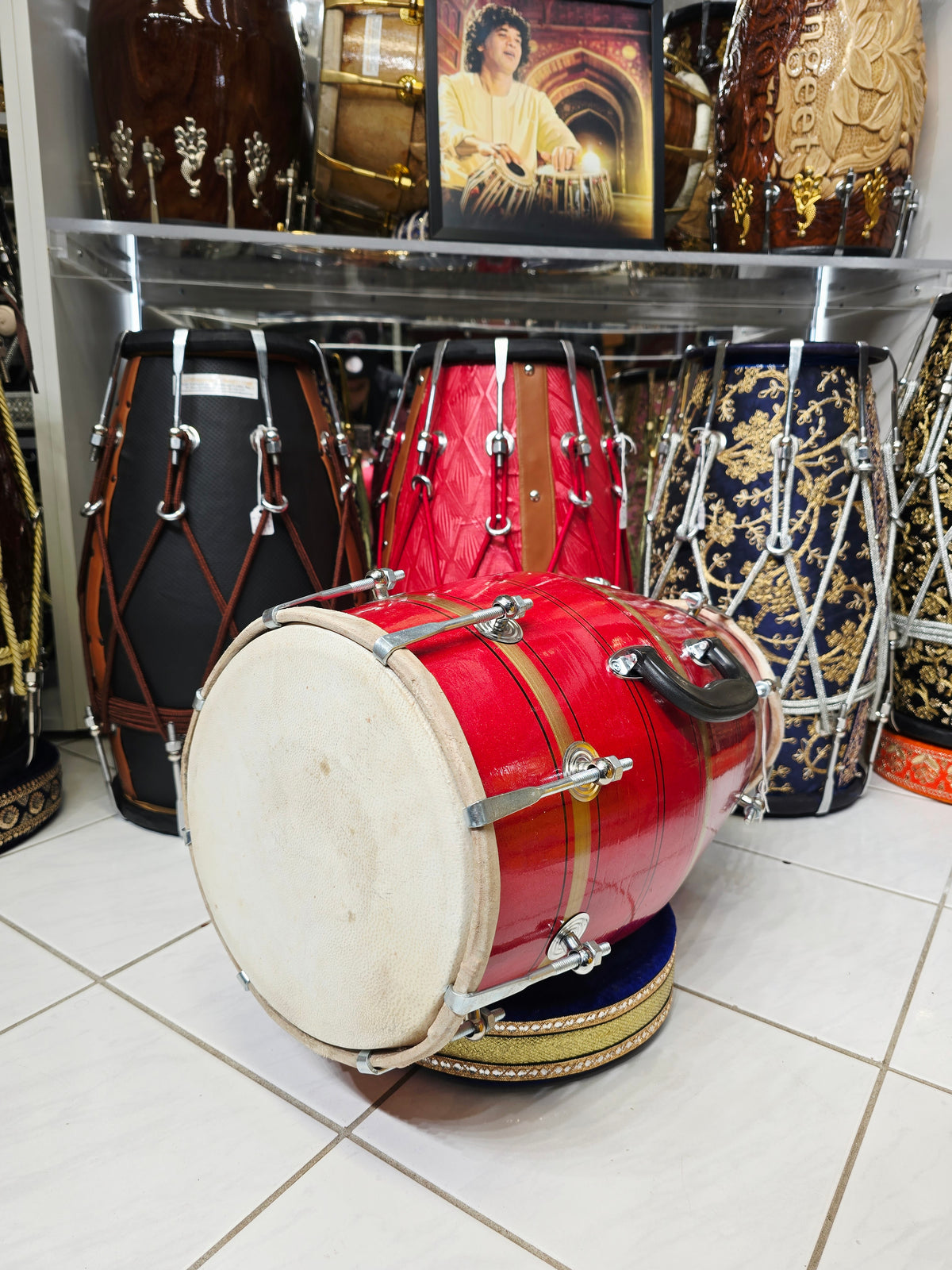 Agni Rekha – Metallic Ruby Red & Champagne Gold Striped Student Dholak with Black Pinstripes & Carrying Handle *Very Minor Cosmetic Blemishes (R3)