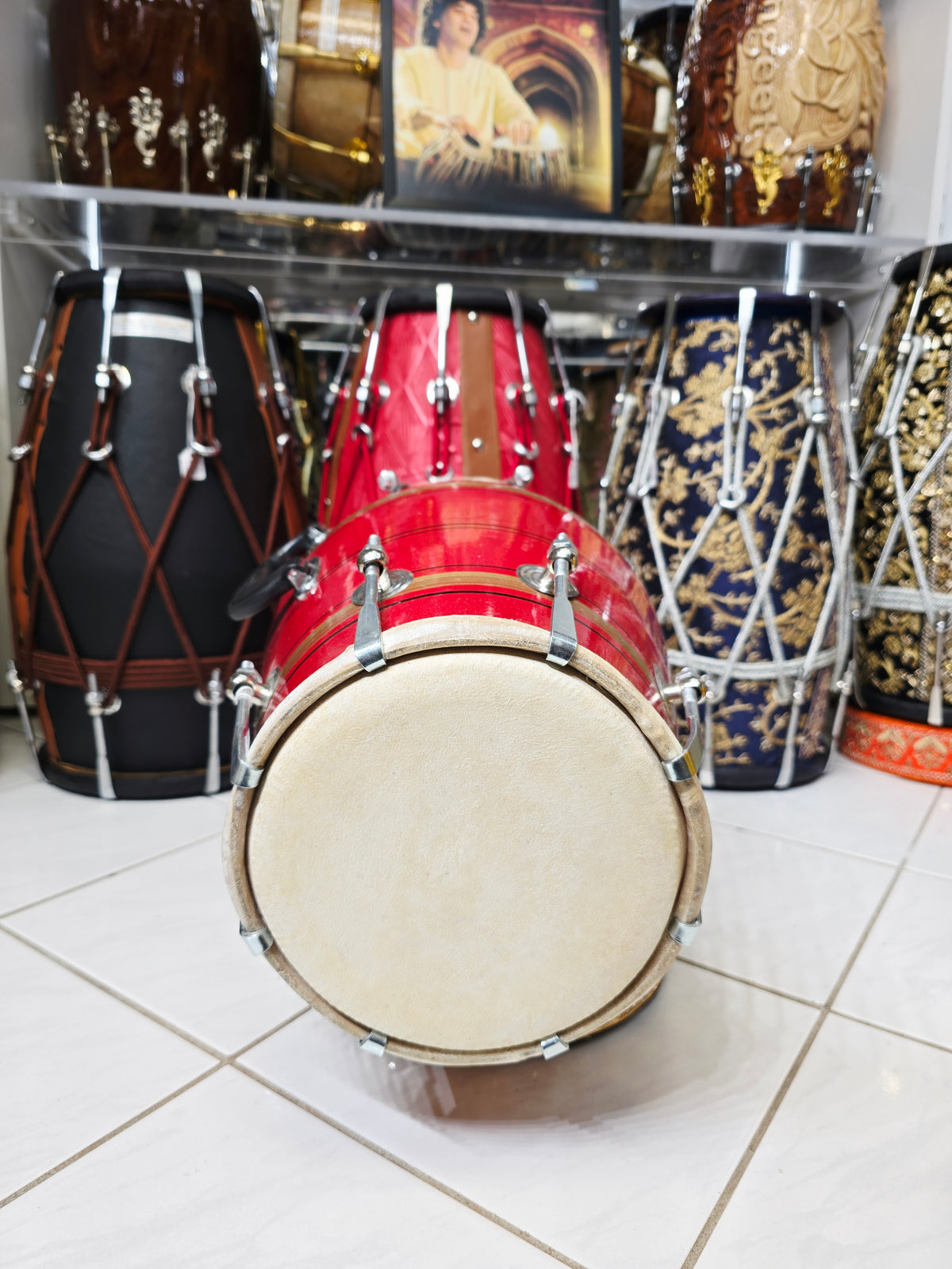 Agni Rekha – Metallic Ruby Red & Champagne Gold Striped Student Dholak with Black Pinstripes & Carrying Handle *Very Minor Cosmetic Blemishes (R3)