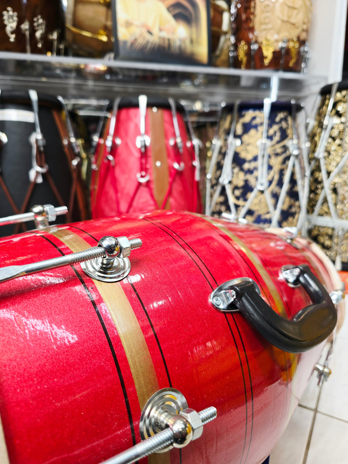 Agni Rekha – Metallic Ruby Red & Champagne Gold Striped Student Dholak with Black Pinstripes & Carrying Handle *Very Minor Cosmetic Blemishes (R3)