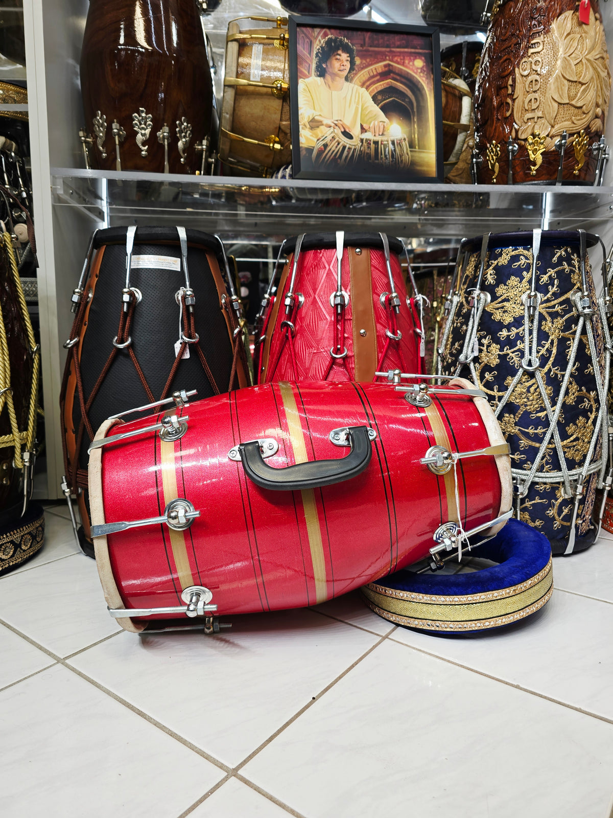 Agni Rekha – Metallic Ruby Red & Champagne Gold Striped Student Dholak with Black Pinstripes & Carrying Handle *Very Minor Cosmetic Blemishes (R3)