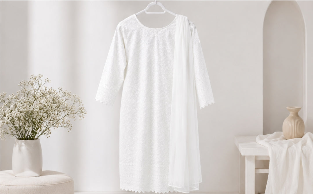 White Women's Shalwar with Slight V-Neck *Contact For Price*