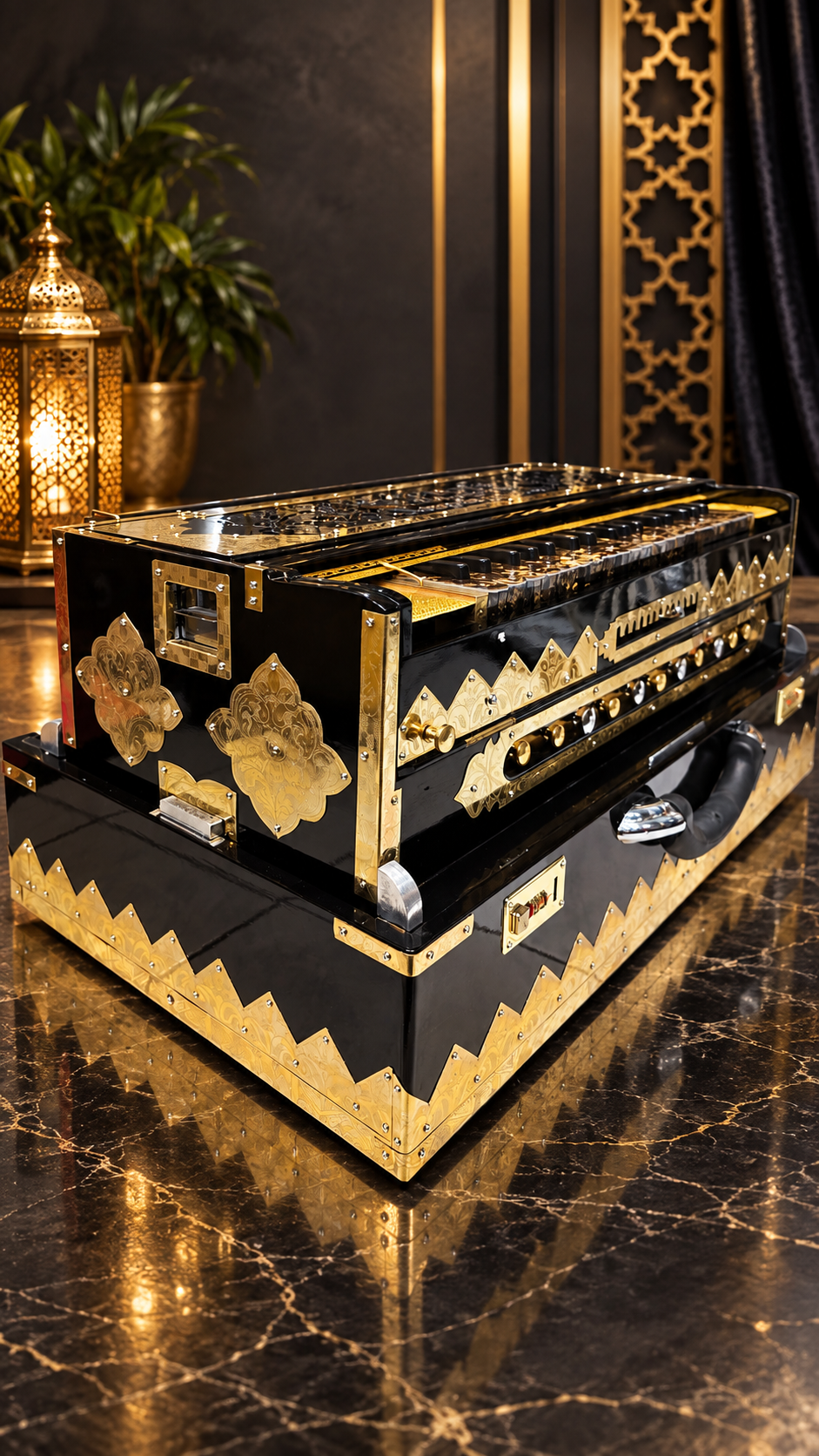 Dil-E-Nadan Legacy Harmonium – Raymond Ramnarine (Music Boss) | Custom 3-Reed MMF | 13-Scale Changer | Gold German Keys | Gloss Black & Gold