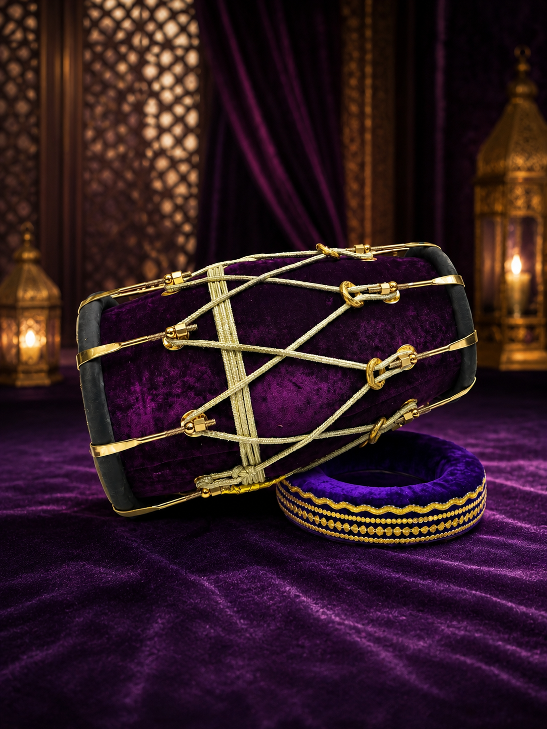 Purple Reign – Premium Purple Velvet Wrapped Red Sheesham Dholak *Minor Cosmetic Blemishes on Bass Skin