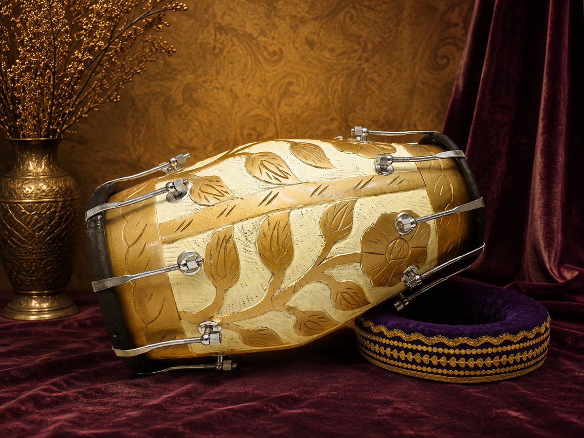 Gulzar Royale | Gold & Cream Floral Painted 15.8 Red Sheesham Dholak with Black Skins & Chrome Bolts *Minor Cosmetic Blemishes + Exceptional Tone