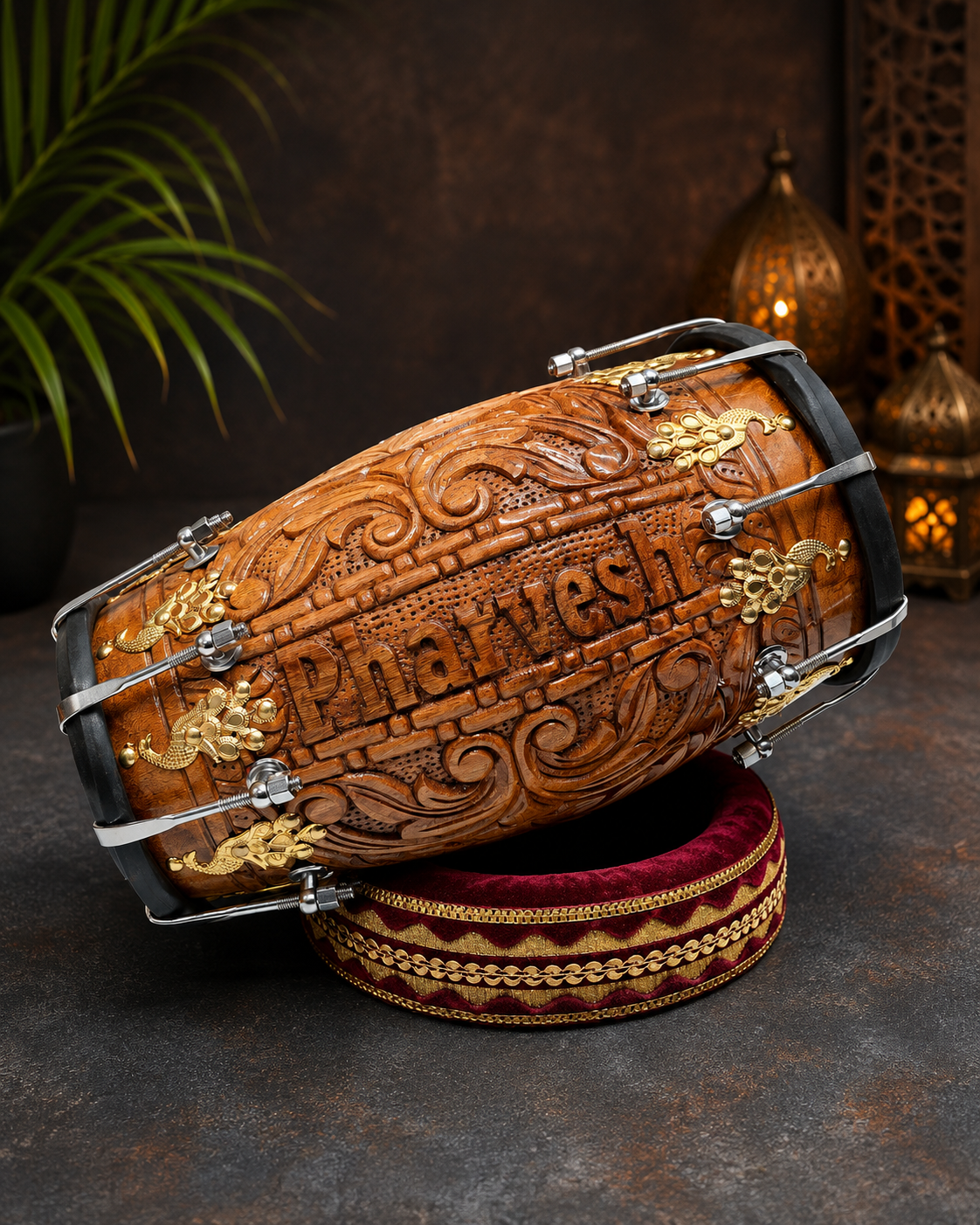 Rajmahal Custom-Engraved Red Sheesham Chetram Dholak For Pharvesh