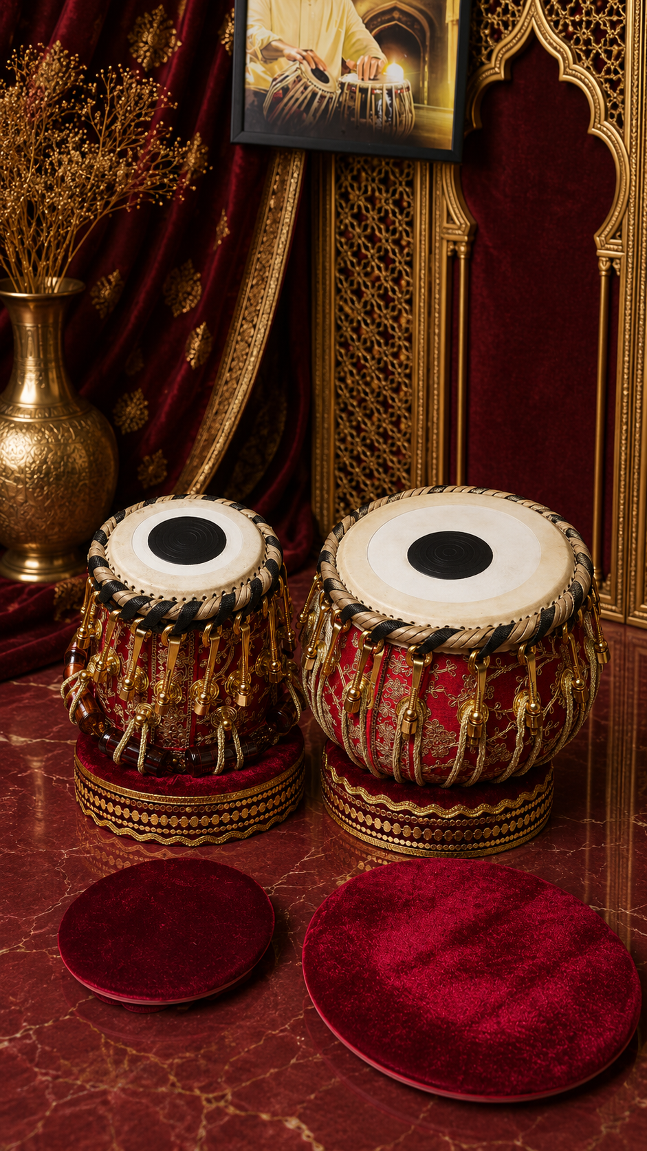 Rakta Darbar Imperial: 5.25" F/F# Red Sheesham Dayan & 9.25" Copper Bayan Red Sherwani Bolted Tabla Set – Exceptional Bayan Tone
