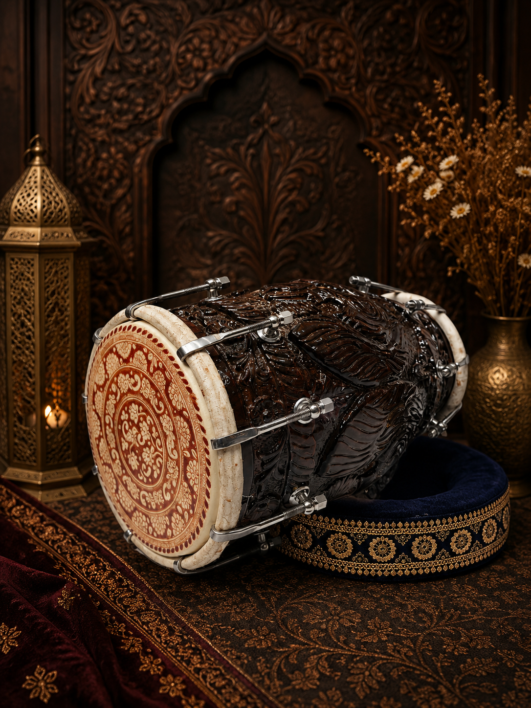 Rajshree Heritage Black Sheesham Dholak by Maa Ambika | Intricately Hand Carved Glossy Shell with Green Undercoating with Mehendi Designed Skins