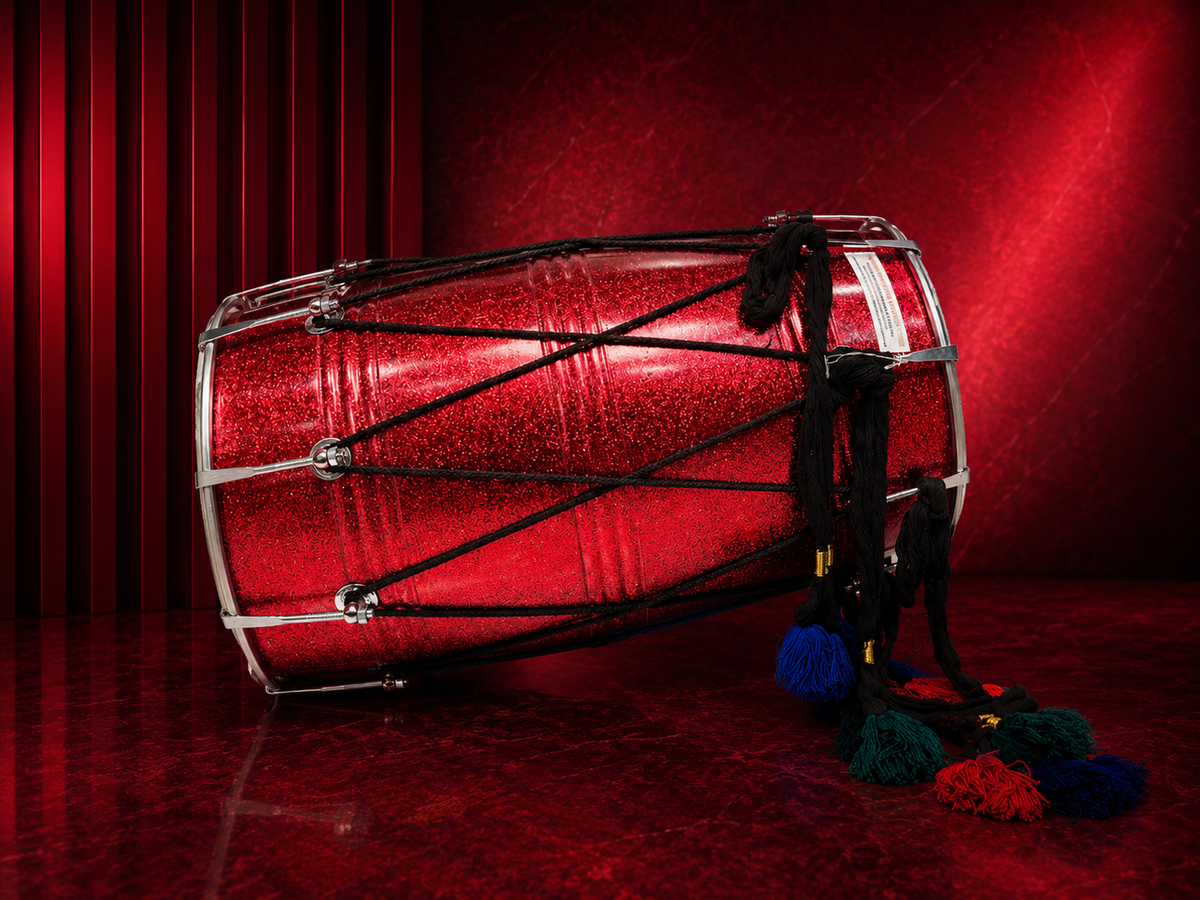 Crimson Stardust 23.75" Fiberglass Punjabi Dhol with Composite Plastic Skins on Both Sides *Very Minor Cosmetic Blemishes