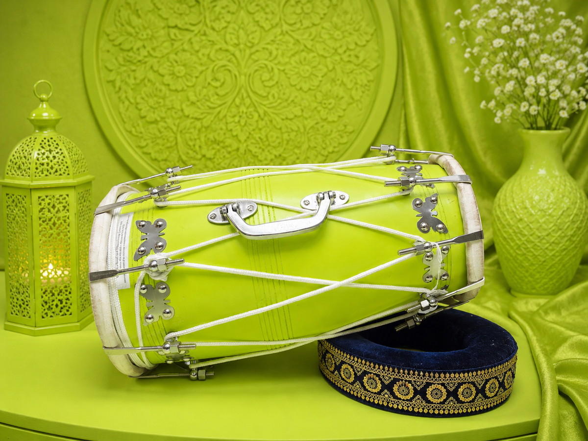 Lime Inferno | Premium Painted Red Sheesham Dholak with Carry Handle * Minor Cosmetic Blemishes
