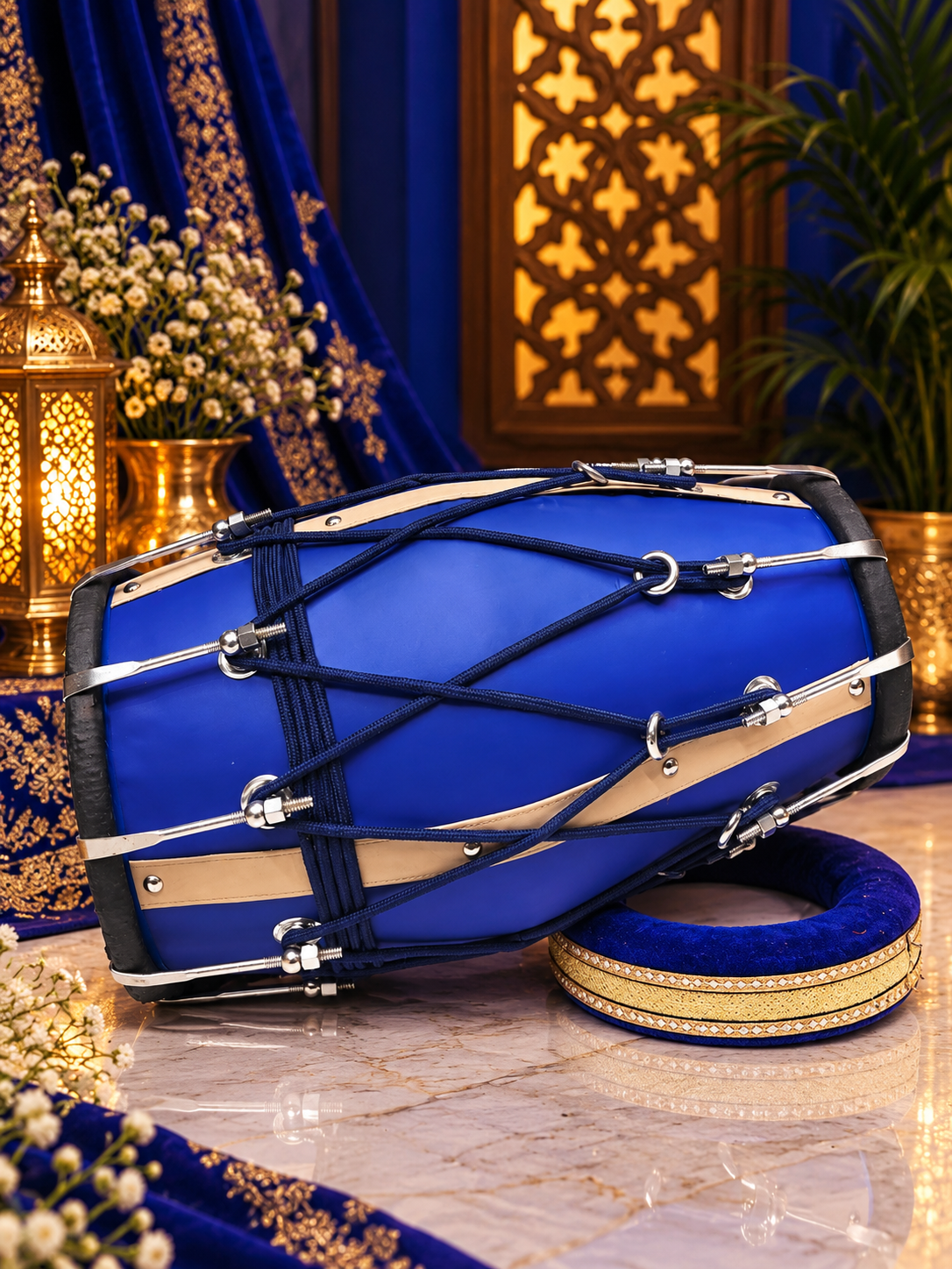Royal Sapphire Blue Designer Leather-Wrapped Dholak with Champagne Gold Accents *Very Minor Cosmetic Blemishes *Exceptional Tone