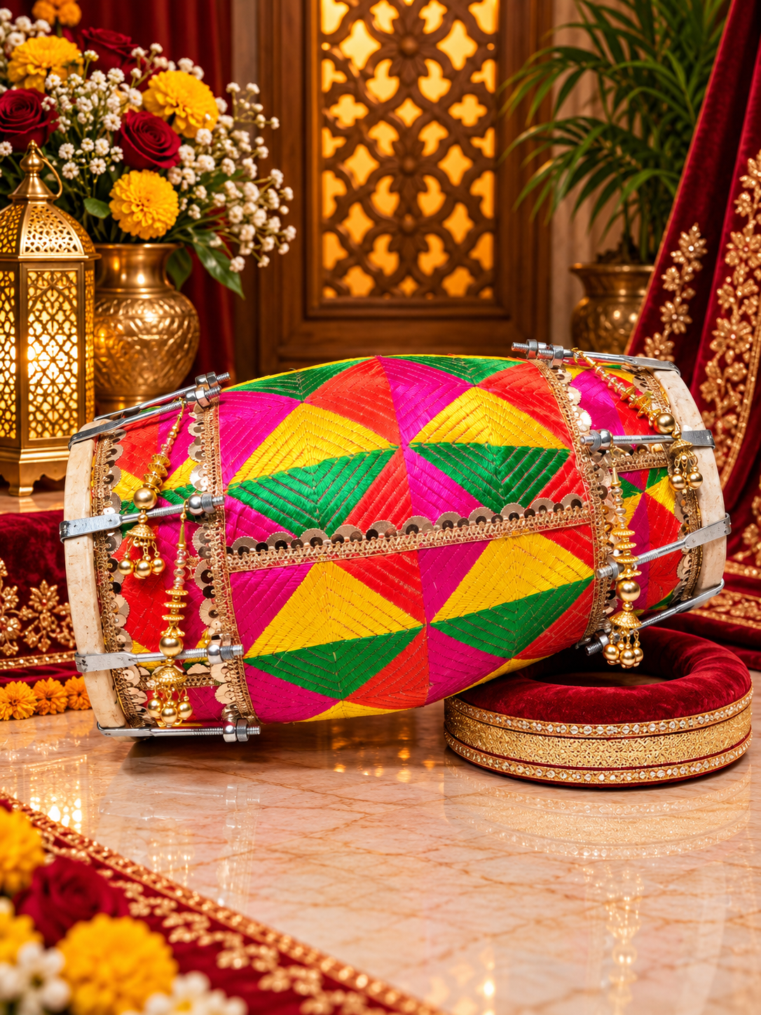 Rang Tarang – Vibrant Multicoloured Phulkari Sherwani-Wrapped Designer Mehendi Night Dholak with Decorative Golden Ornaments * Very Minor Cosmetic Blemishes