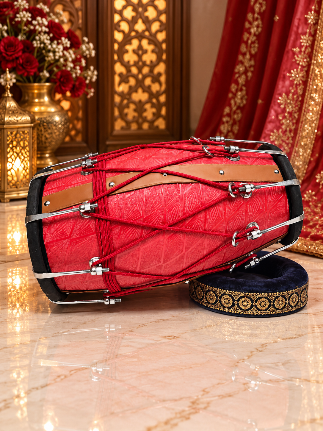 Laal Darbar – Premium Red Designer Leather Wrapped Red Sheesham Dholak | Red Cosmetic Ropes & Black Skins *Minor Cosmetic Blemish/ Tear *Exceptional Tone