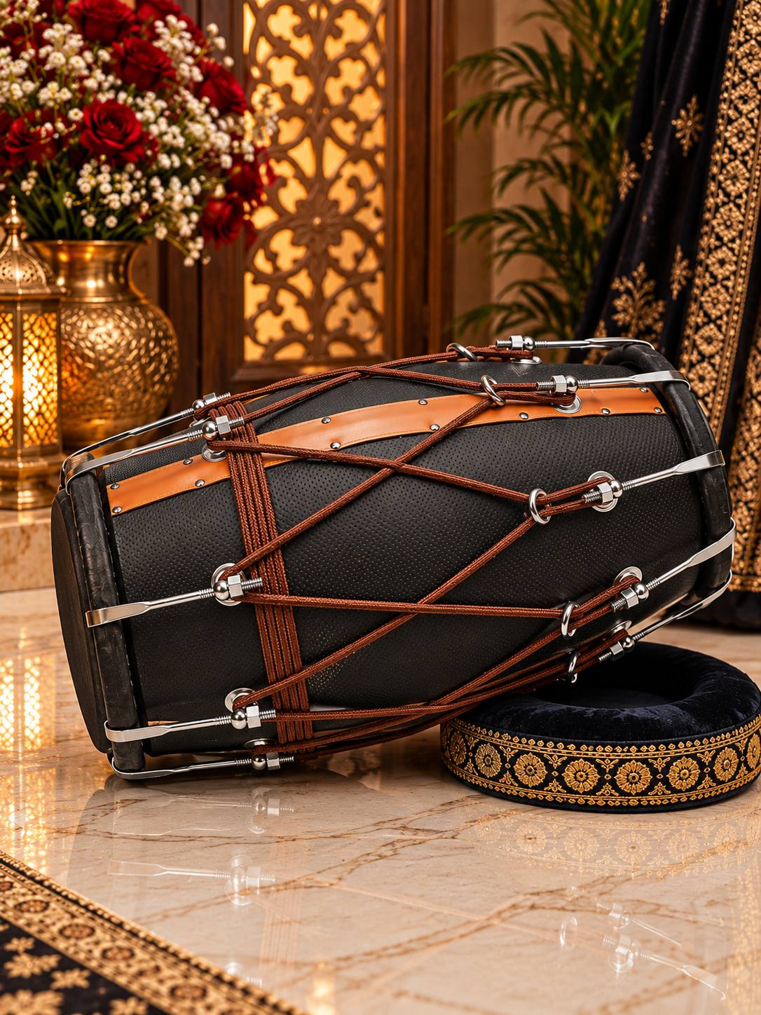 Kaala Virasat – Premium Red Sheesham Dholak | Black & Brown Leather Wrap, Decorative Brown Ropes & Bolt Tuning *Exceptional Tone