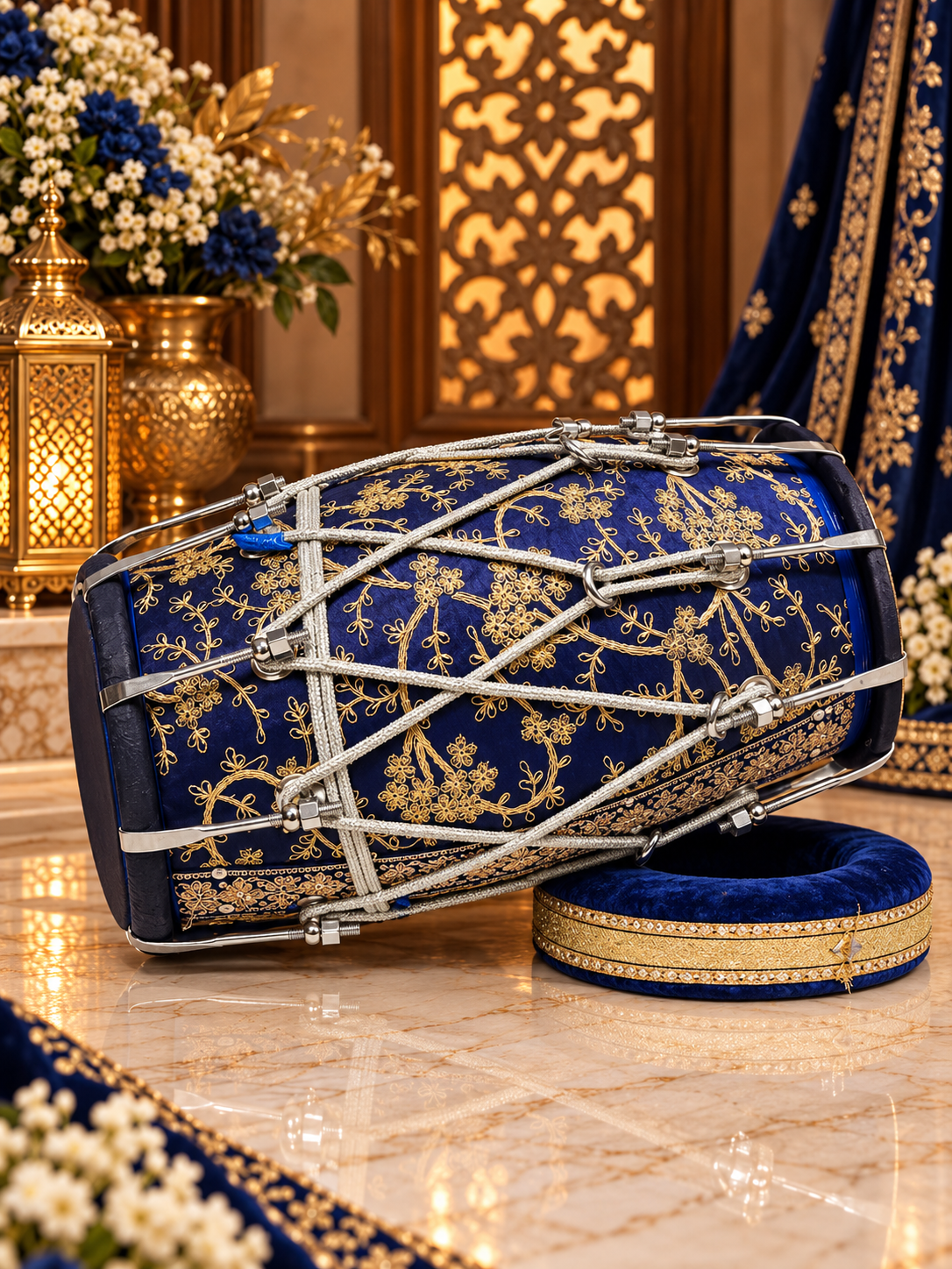 Neel Shahi – 20" Royal Blue & Gold Sherwani-Wrapped Dholak | Blue Skins & Thin-Rimmed Treble Skin *Minor Cosmetic Blemishes on Skin *Exceptional Tone
